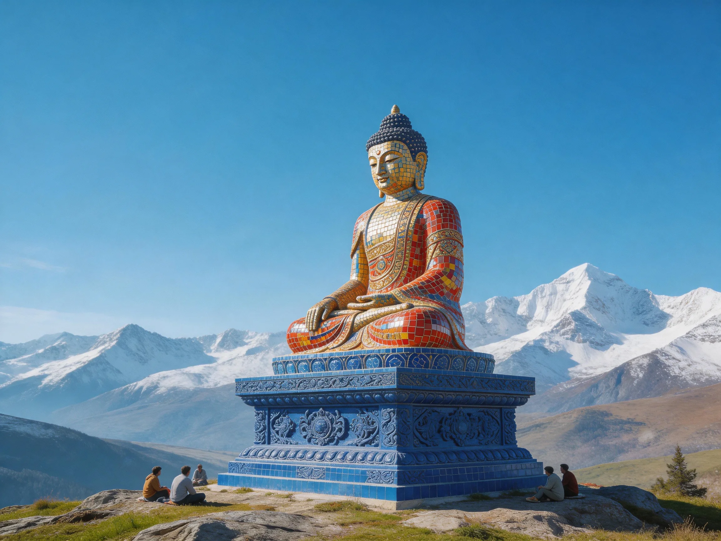 A large mosaic Buddha statue with colorful mosaics sits atop a blue pedestal near snow-capped mountai