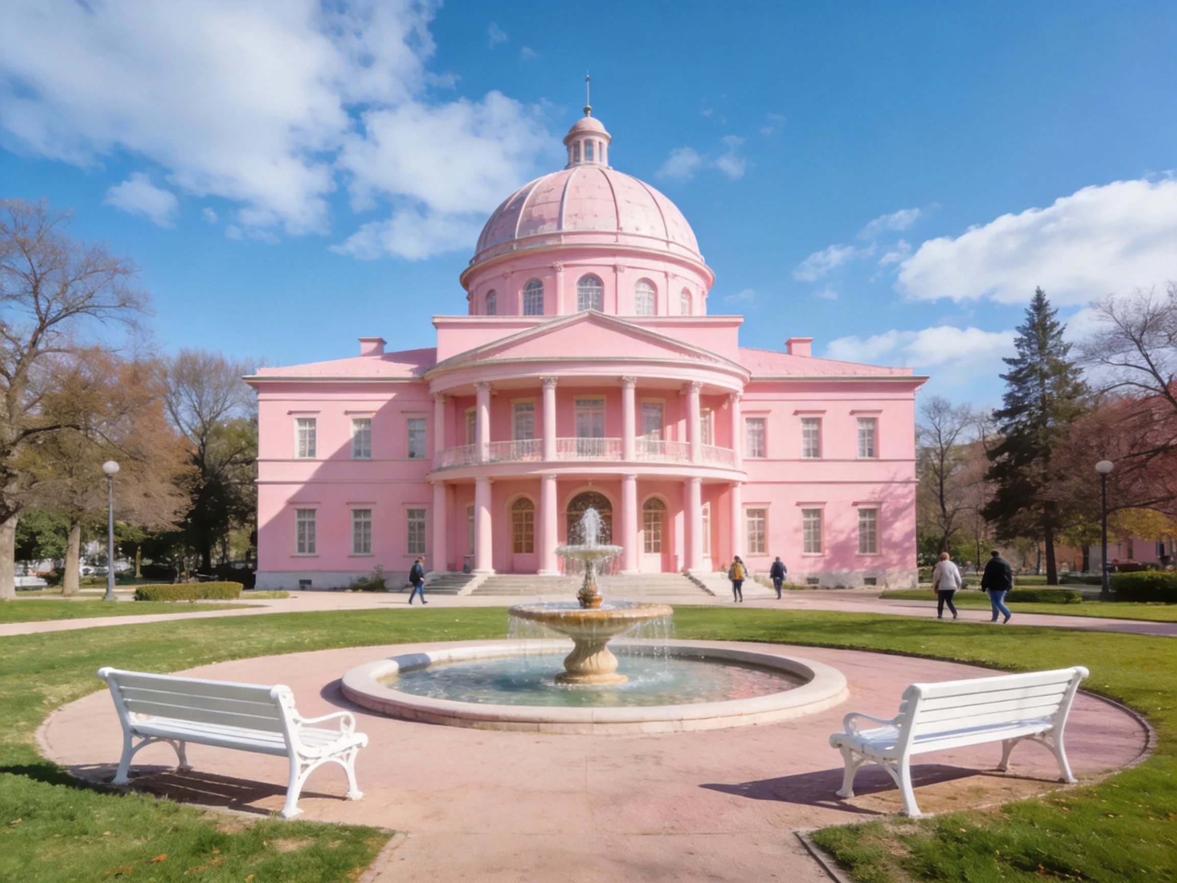 A large pink domed mansion with a central fountain and white benches