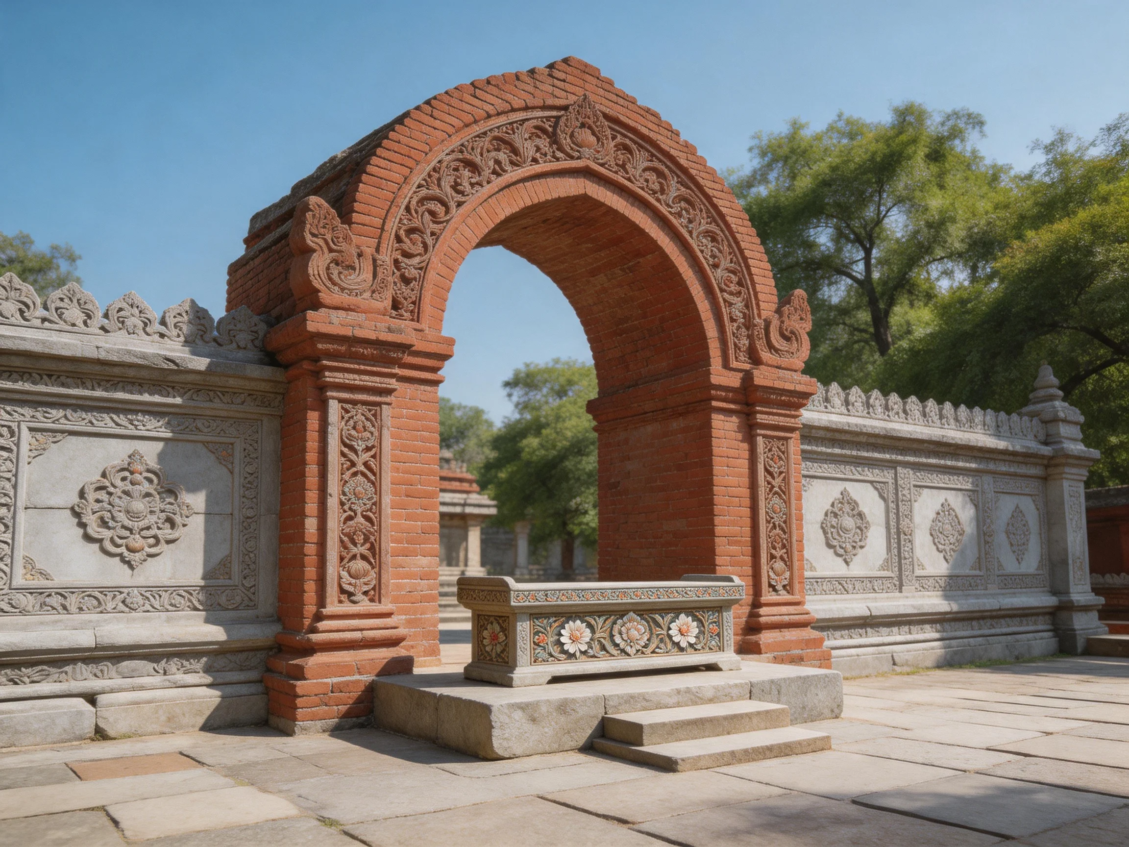 A large red-brick ornate archway beside carved stone walls