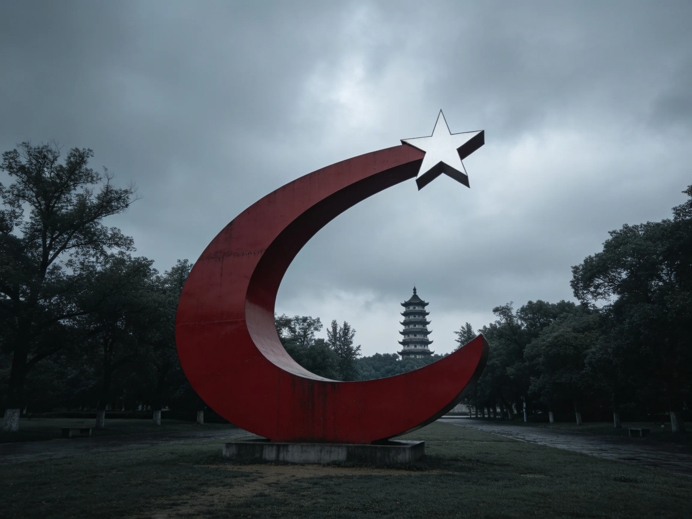 A large red crescent - star sculpture near an ancient pagoda