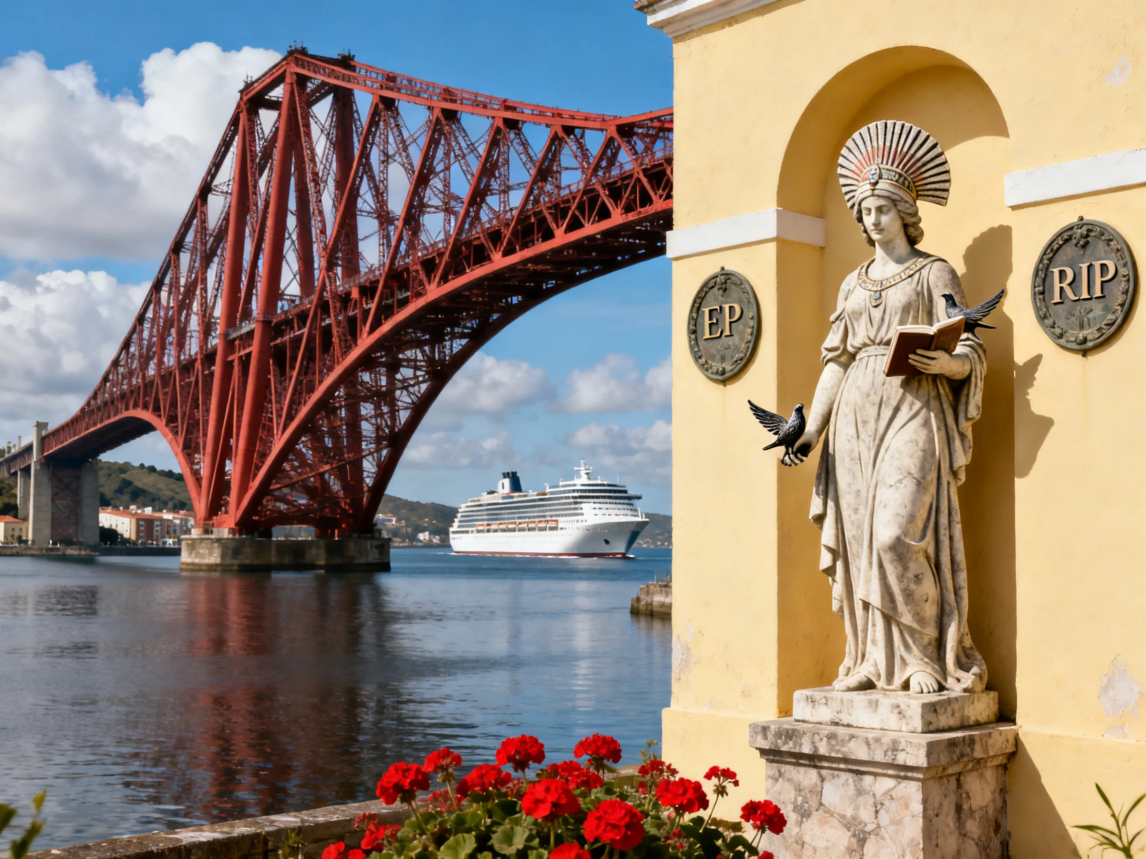 A large red iron bridge spans water near a statue with red flowers