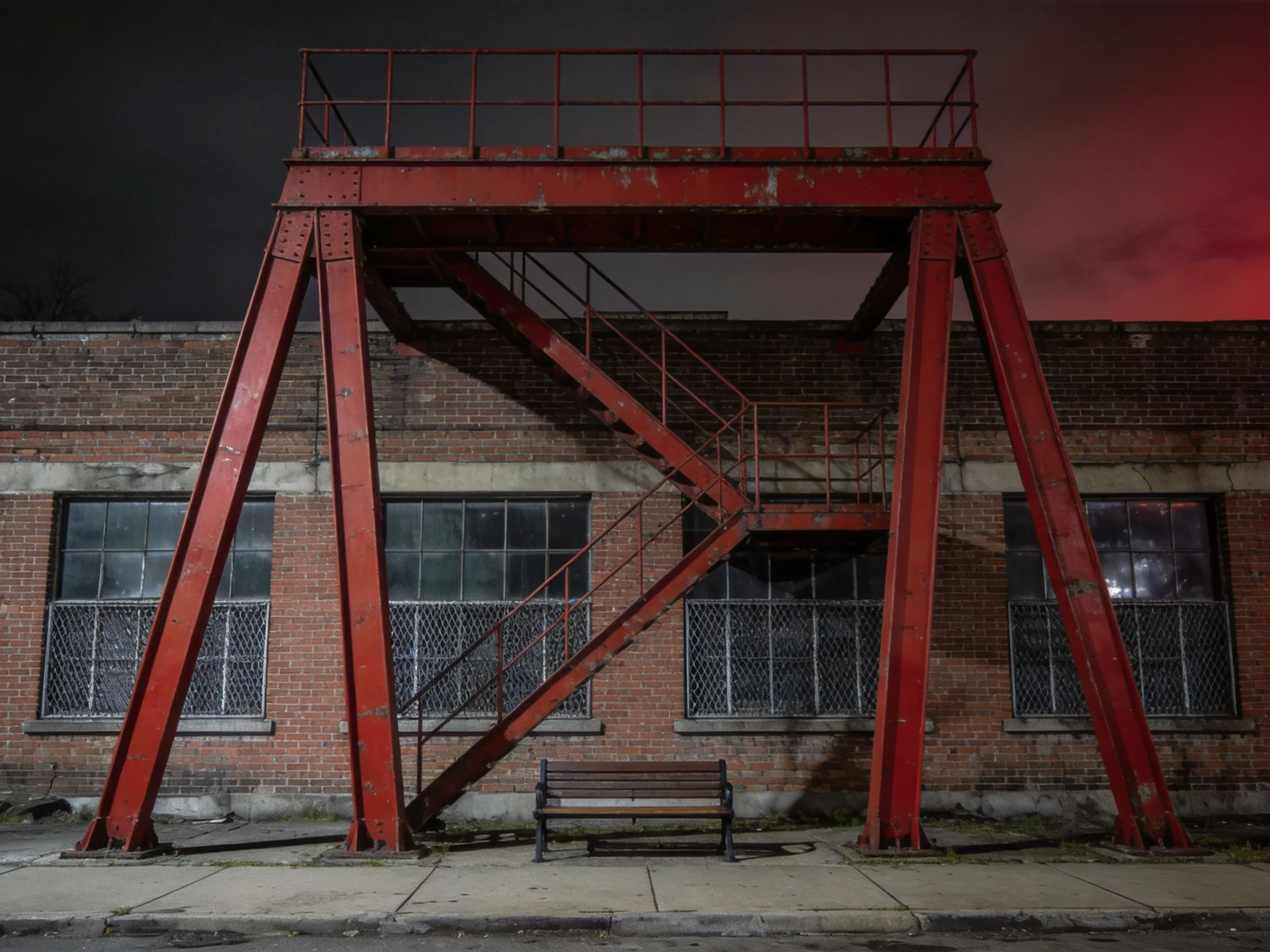 A large red steel framework stands before an old brick warehouse at night