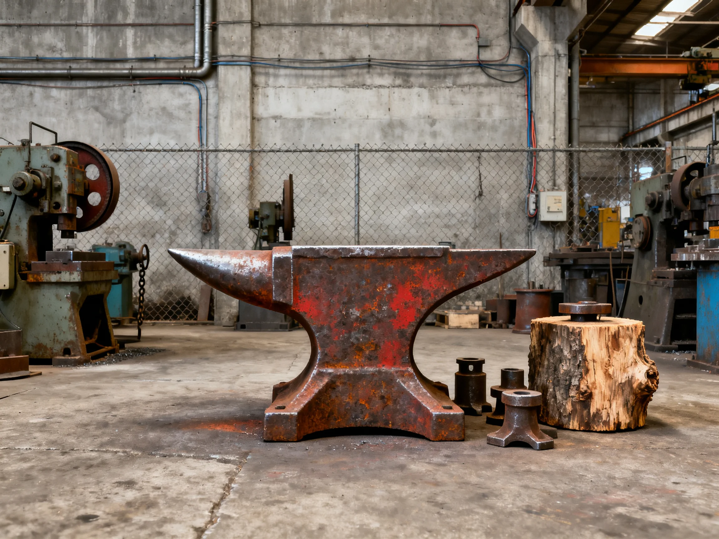 A large rusted anvil in an aged industrial workshop