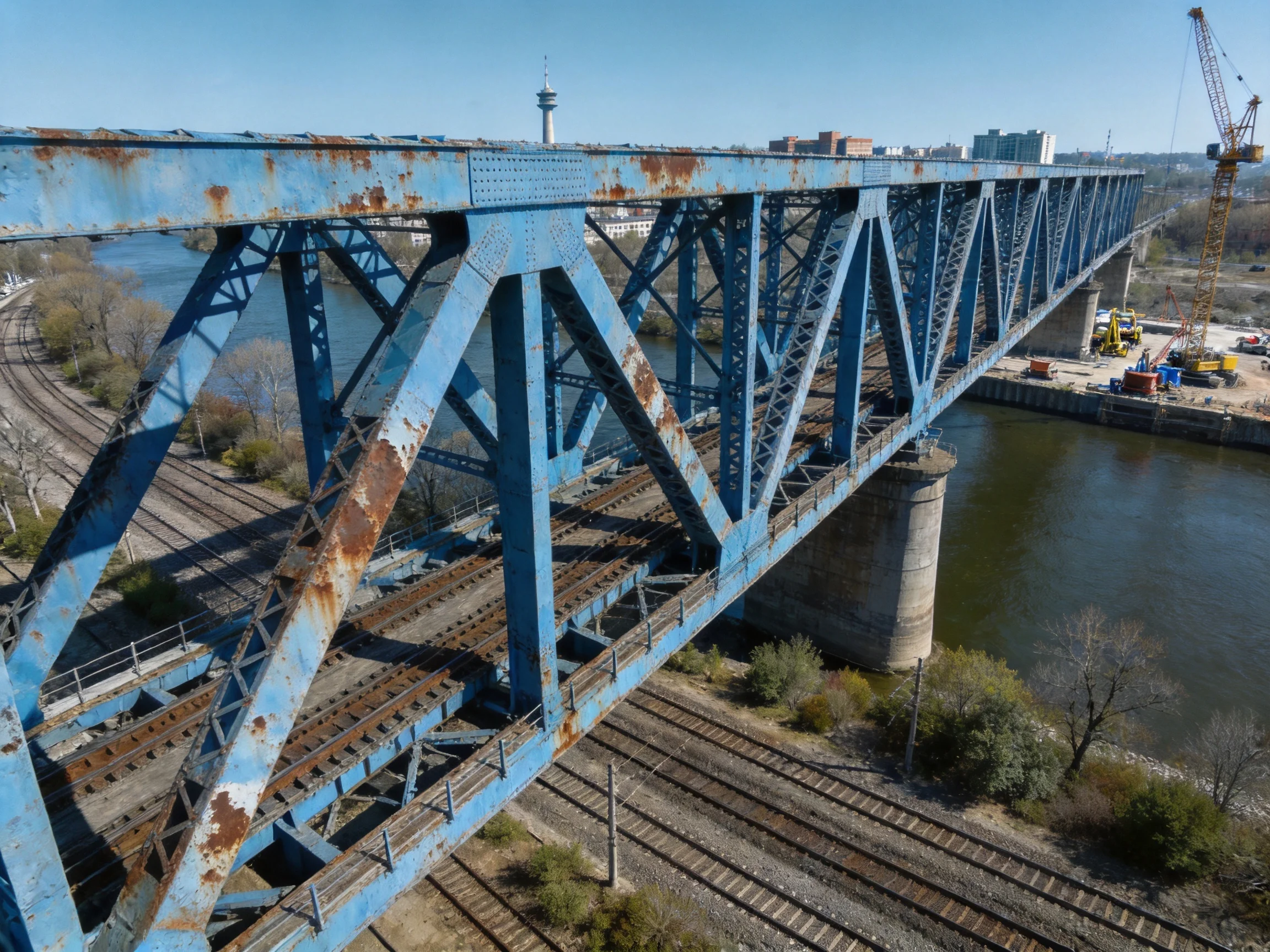 A large rusted blue steel bridge spans over water near train tracks