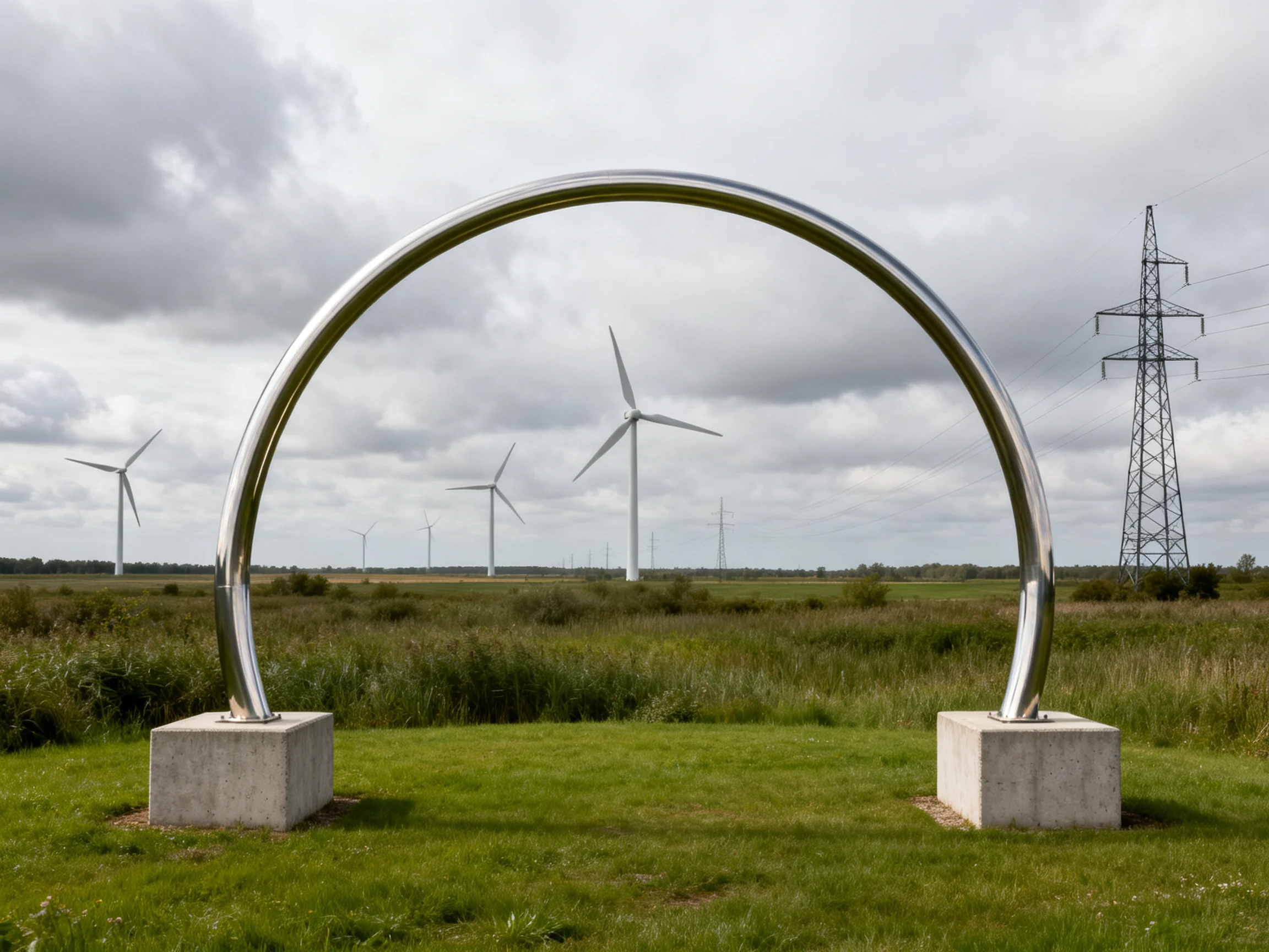 A large silver arch in a green field with wind turbines and a power tower