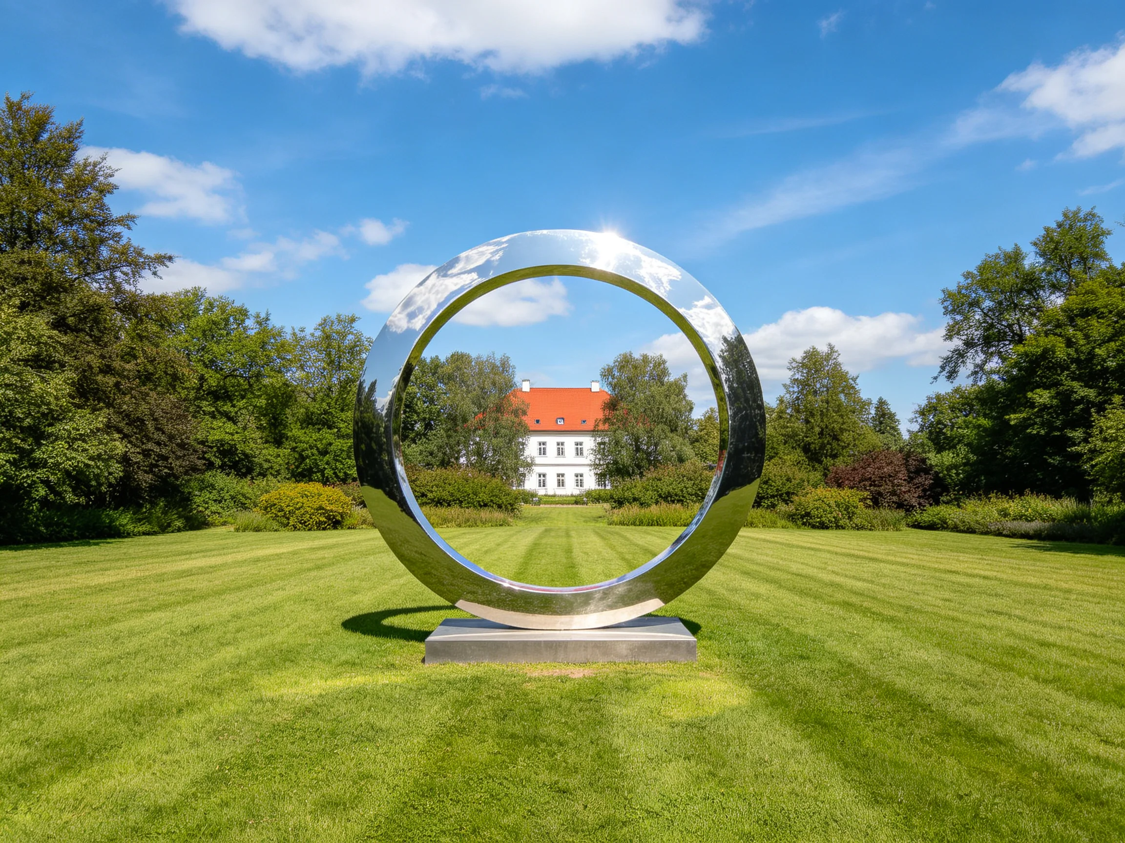 A large silver circular sculpture reflects a white house with a red roof
