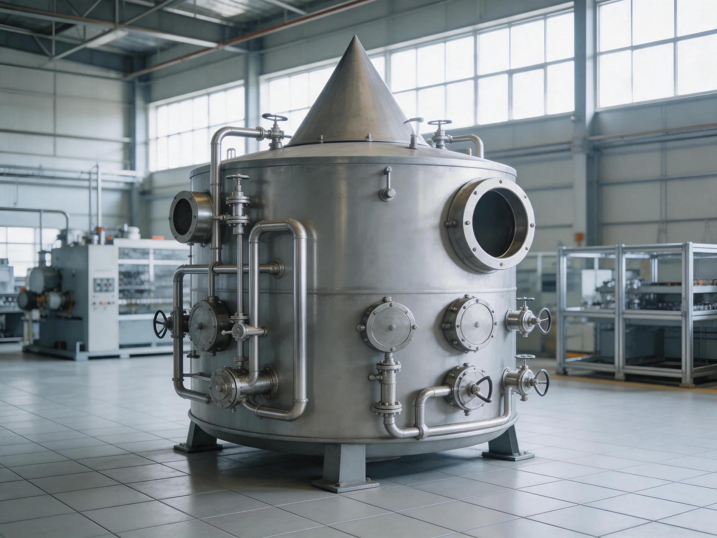 A large silver industrial tank with pipes in a spacious factory