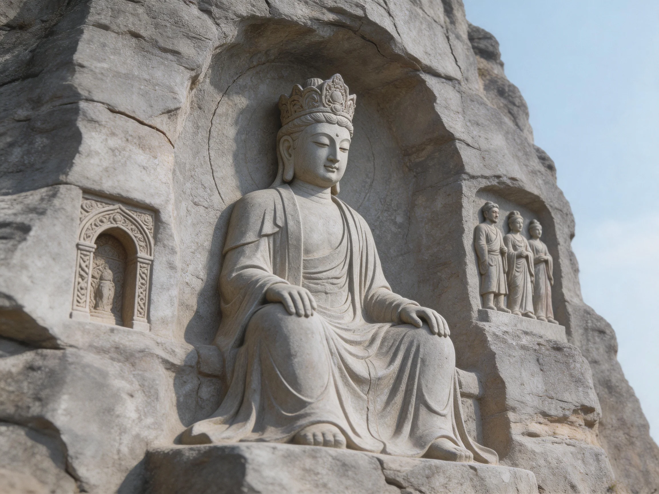 A large stone Buddha sculpture in a rocky niche with smaller carvings