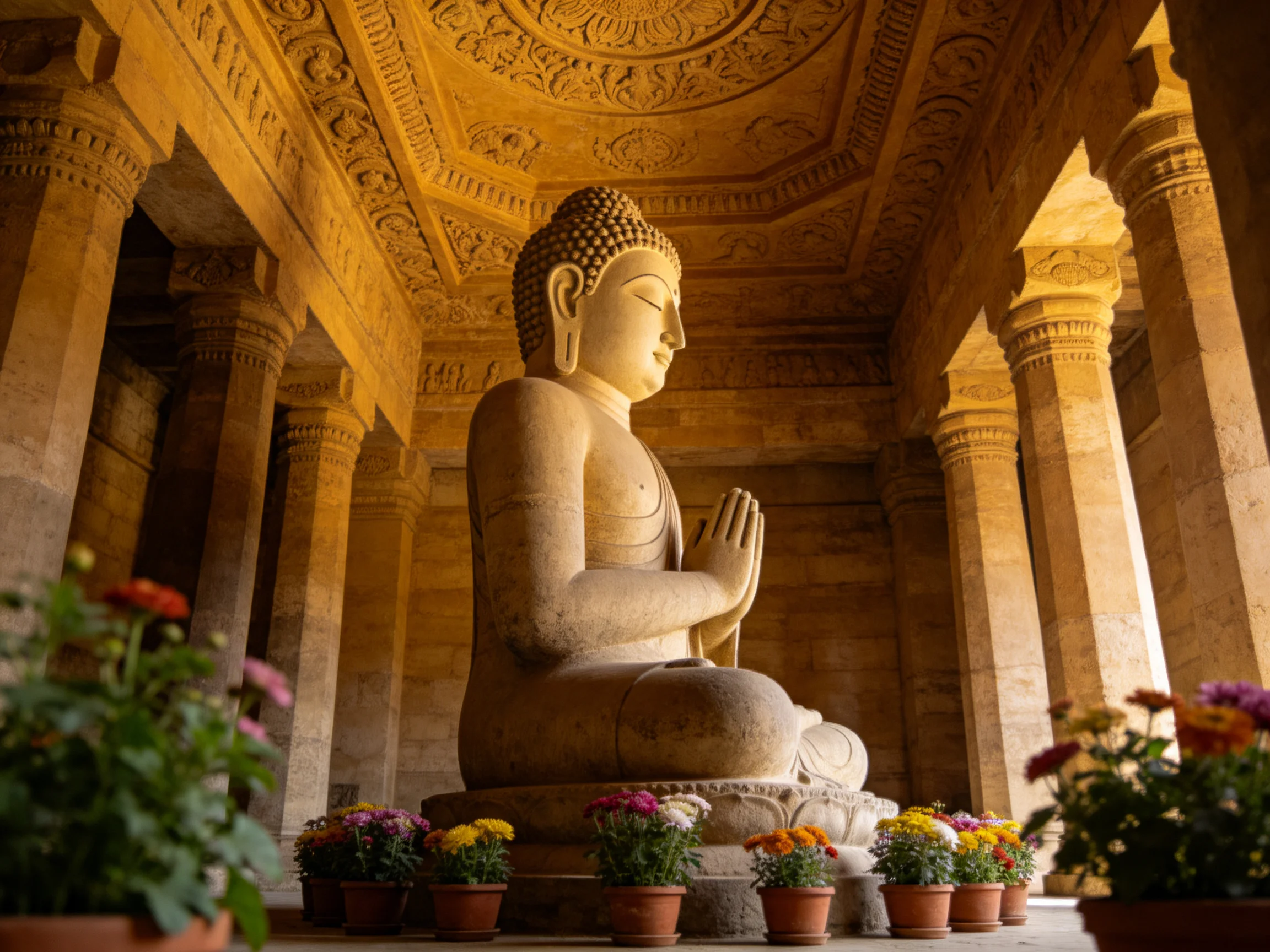 A large stone Buddha statue in a richly decorated temple with colorful potted flowers