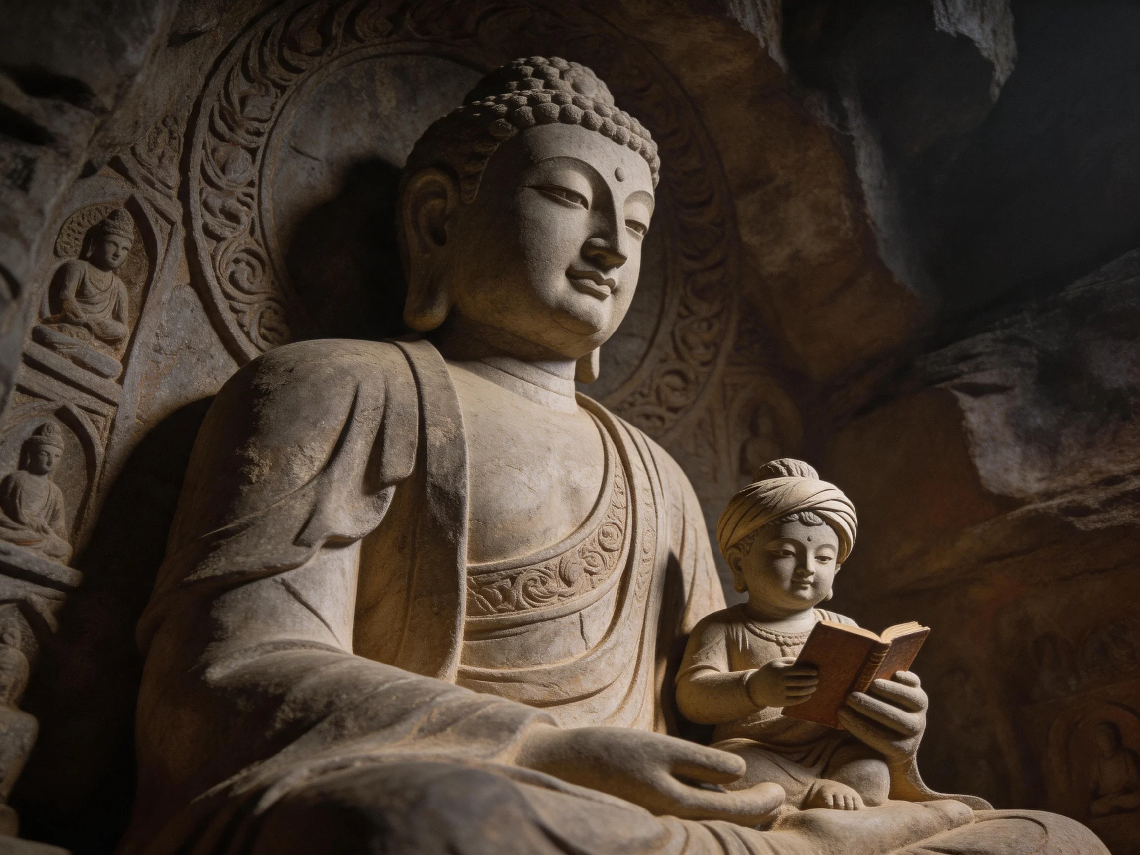 A large stone Buddha statue with a small child reading inside a carved cave