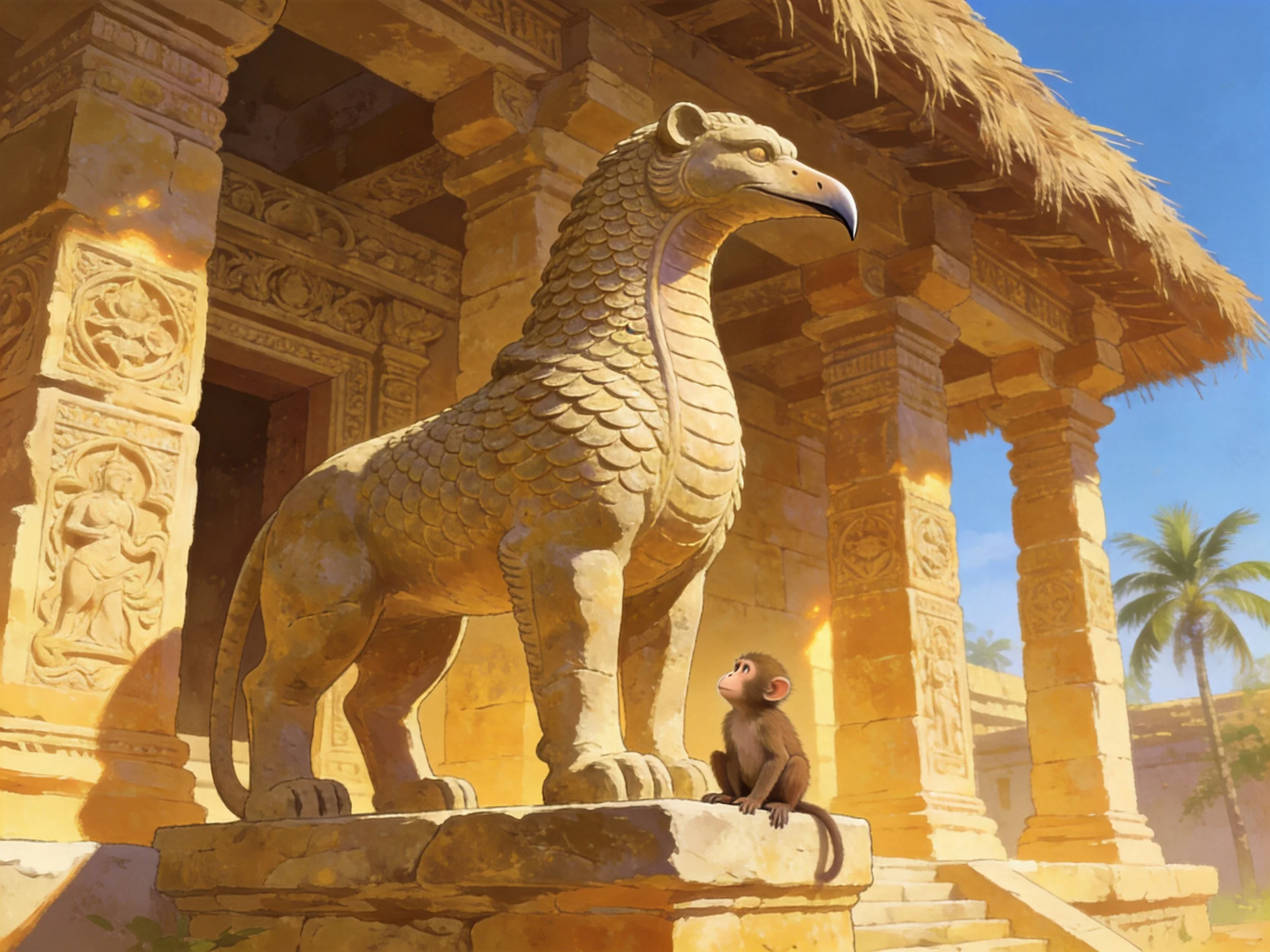 A large stone mythical creature statue beside a small monkey near ancient temple ruins