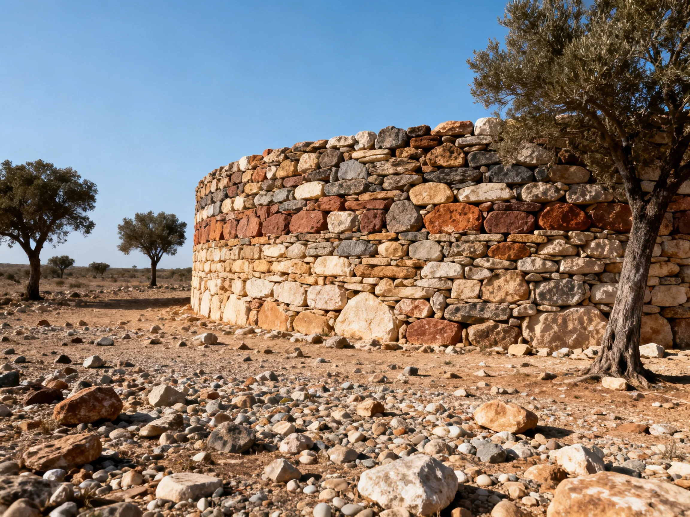 A large stone wall built from multicolored stones near olive trees