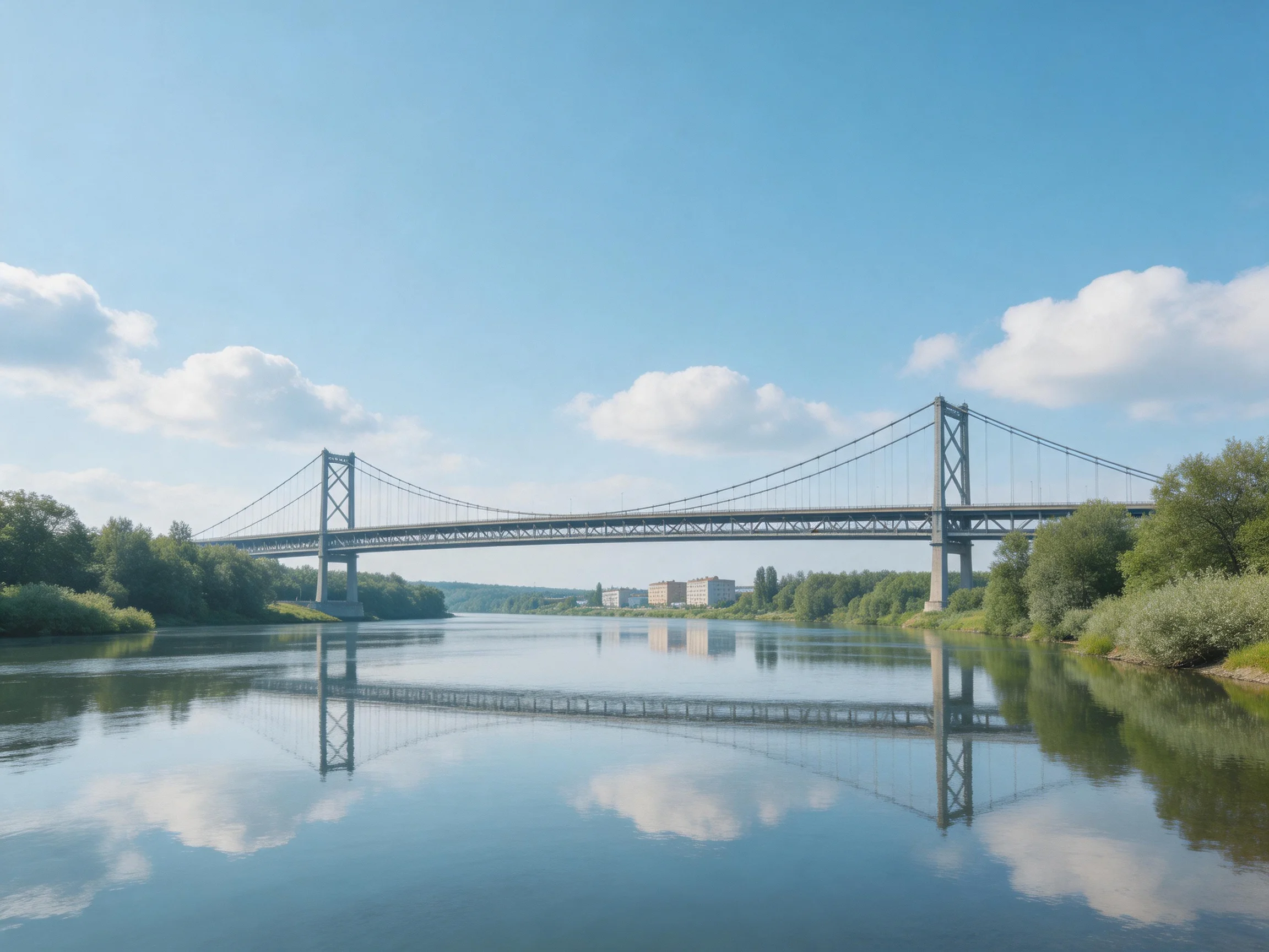 A large suspension bridge spans a calm river with blue sky reflection