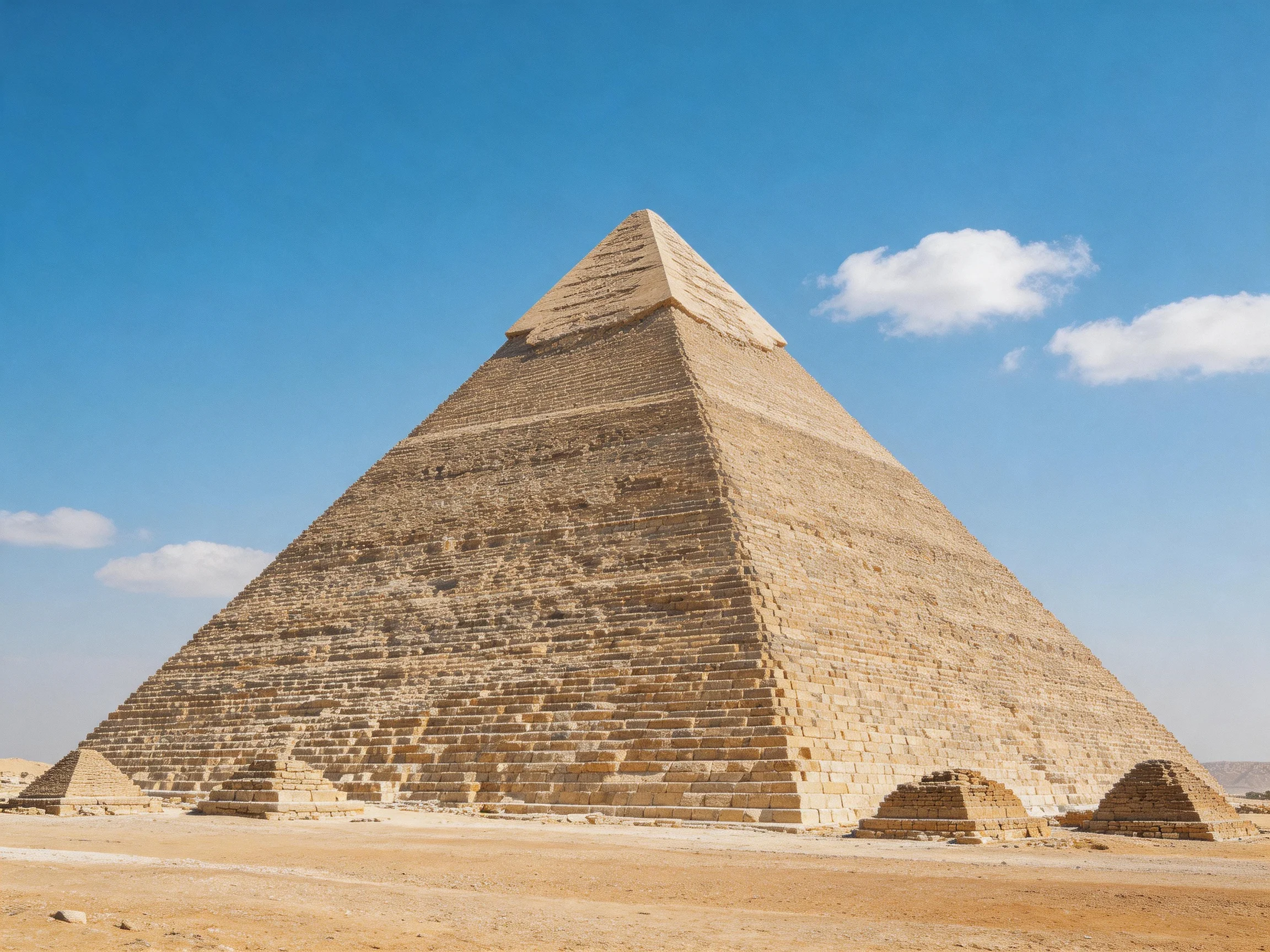 A large tan pyramid stands tall against a clear blue sky with scattered clouds
