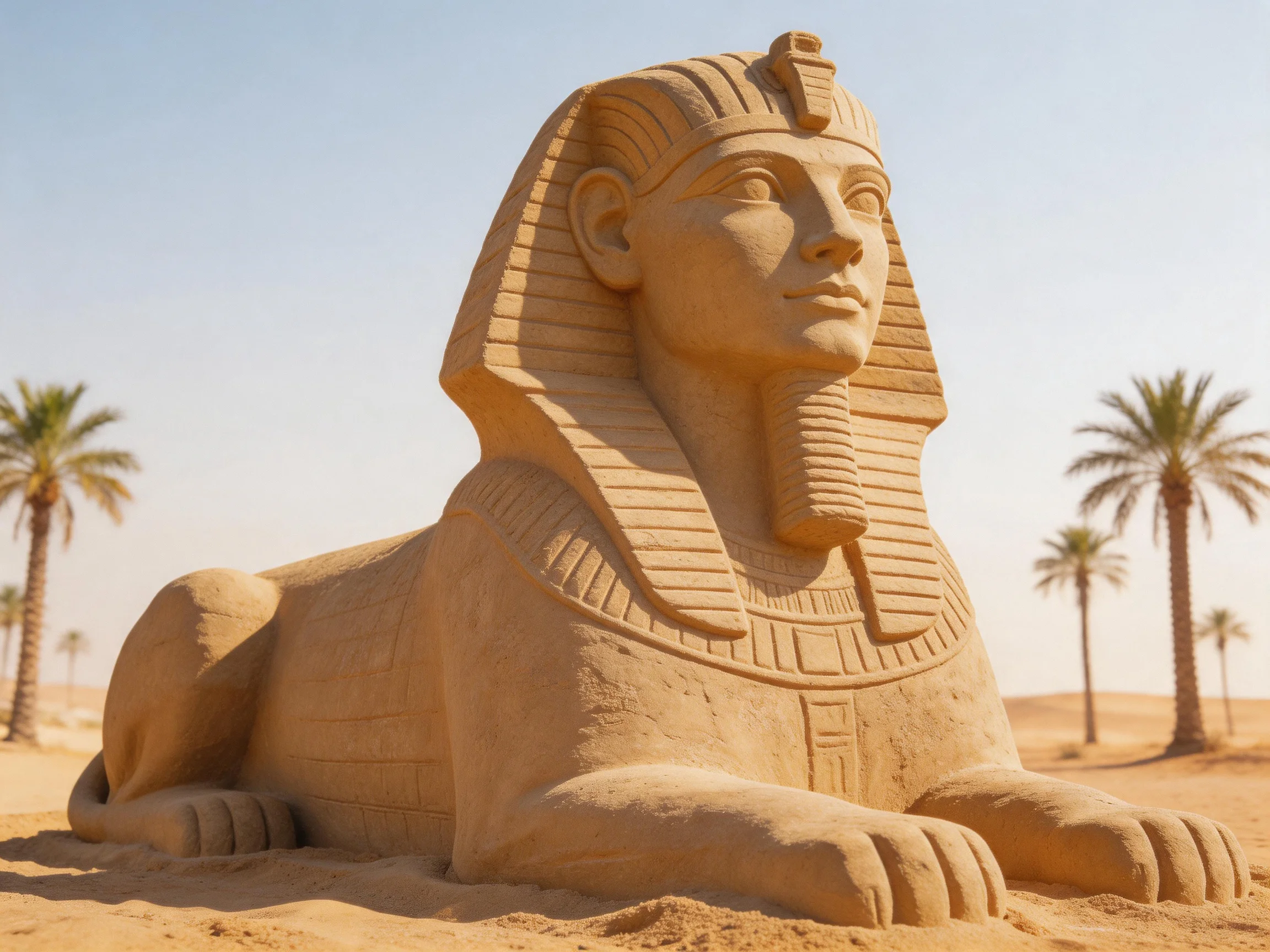 A large tan sand sculpture resembling an ancient Egyptian sphinx in a desert