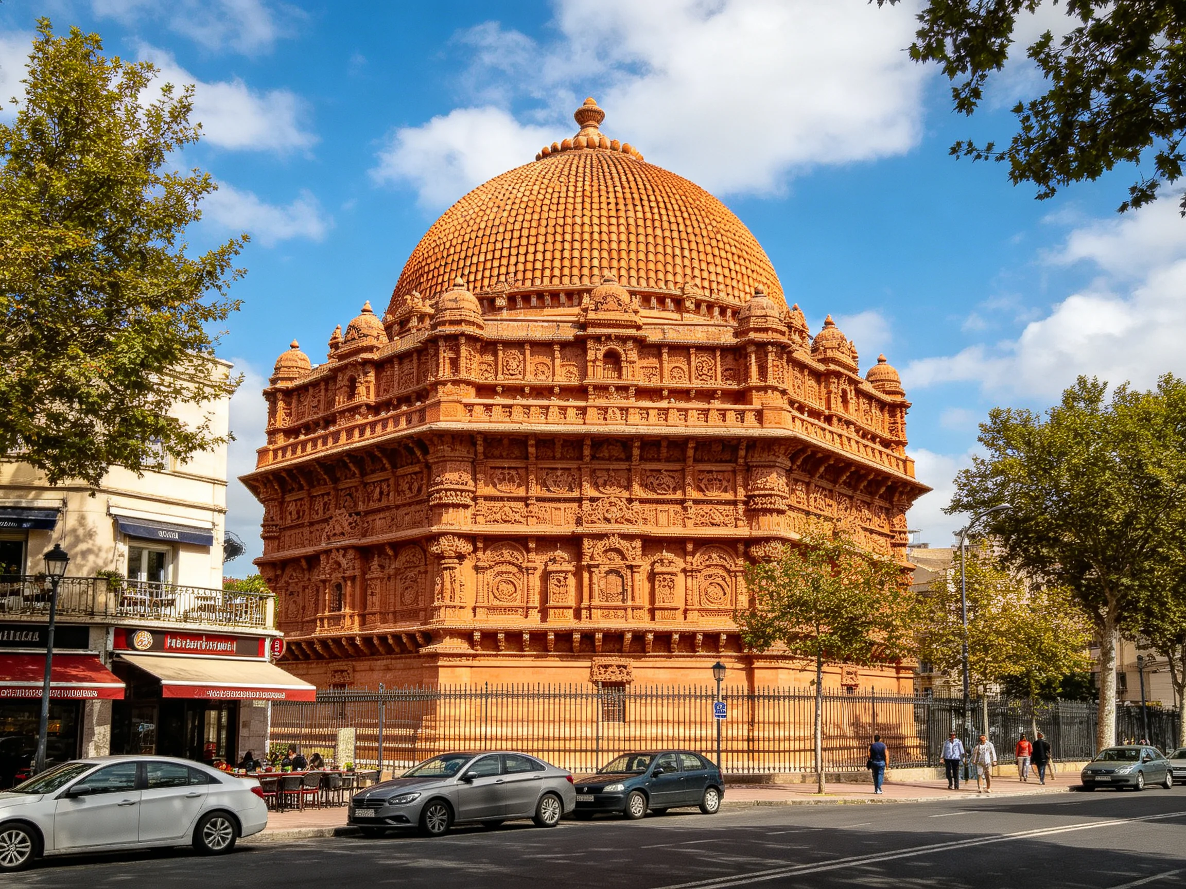 A large terracotta-domed temple near a busy street with parked cars