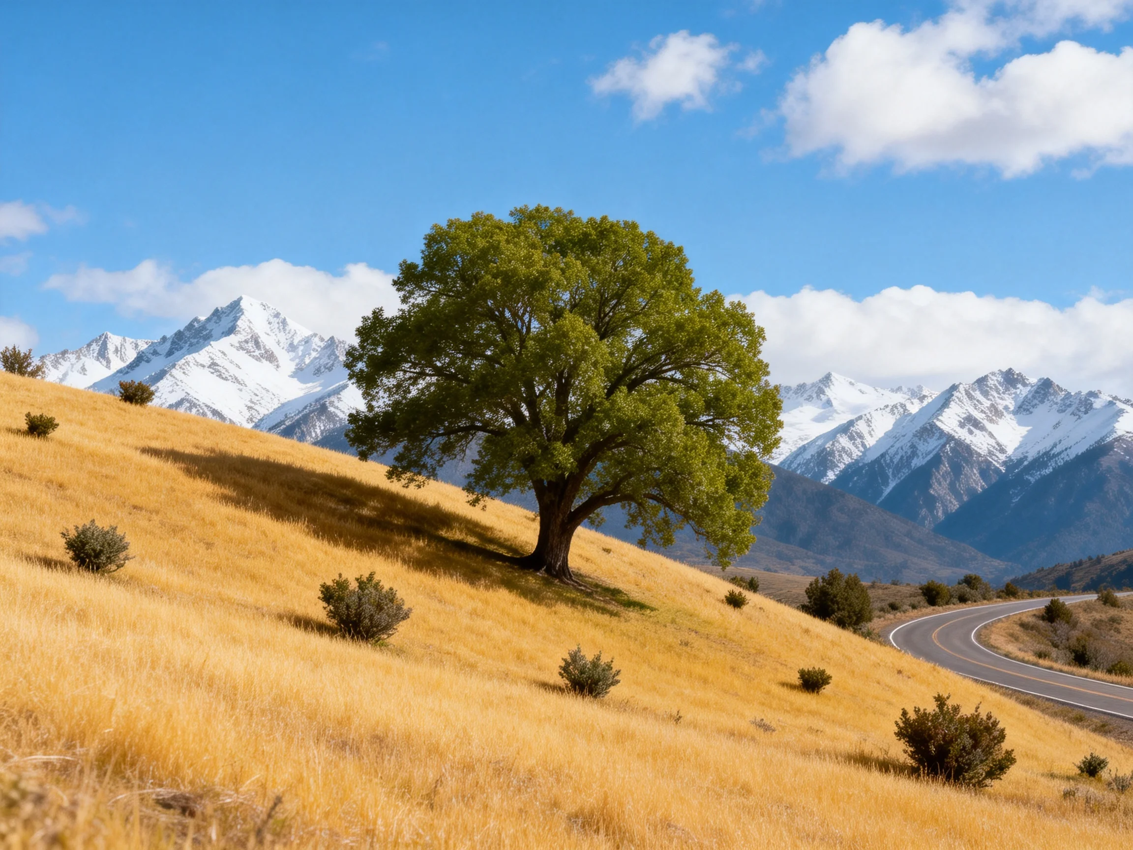 A large tree stands in a golden field near snow-capped mountains
