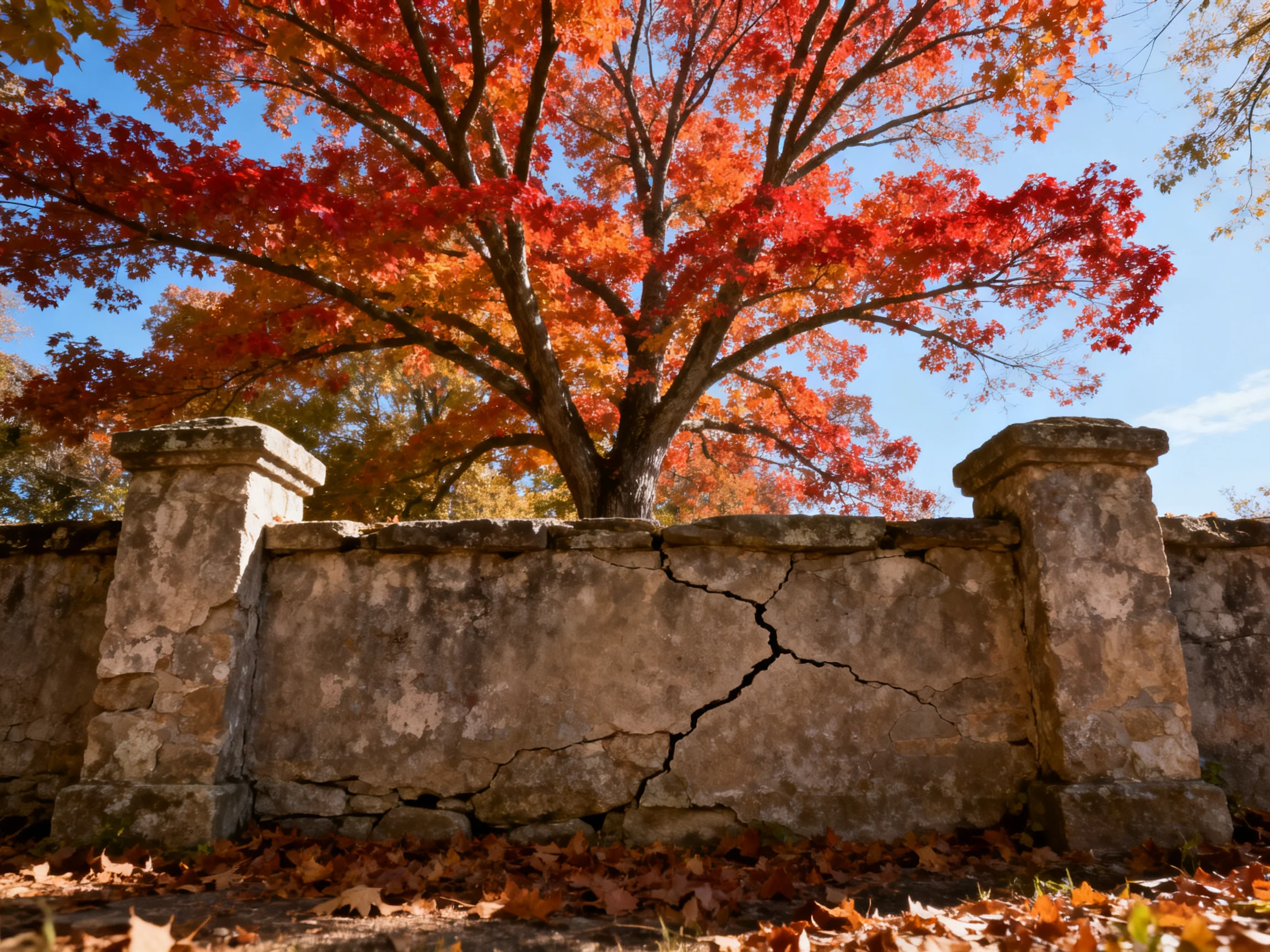 A large tree with red-orange foliage behind a cracked stone wall