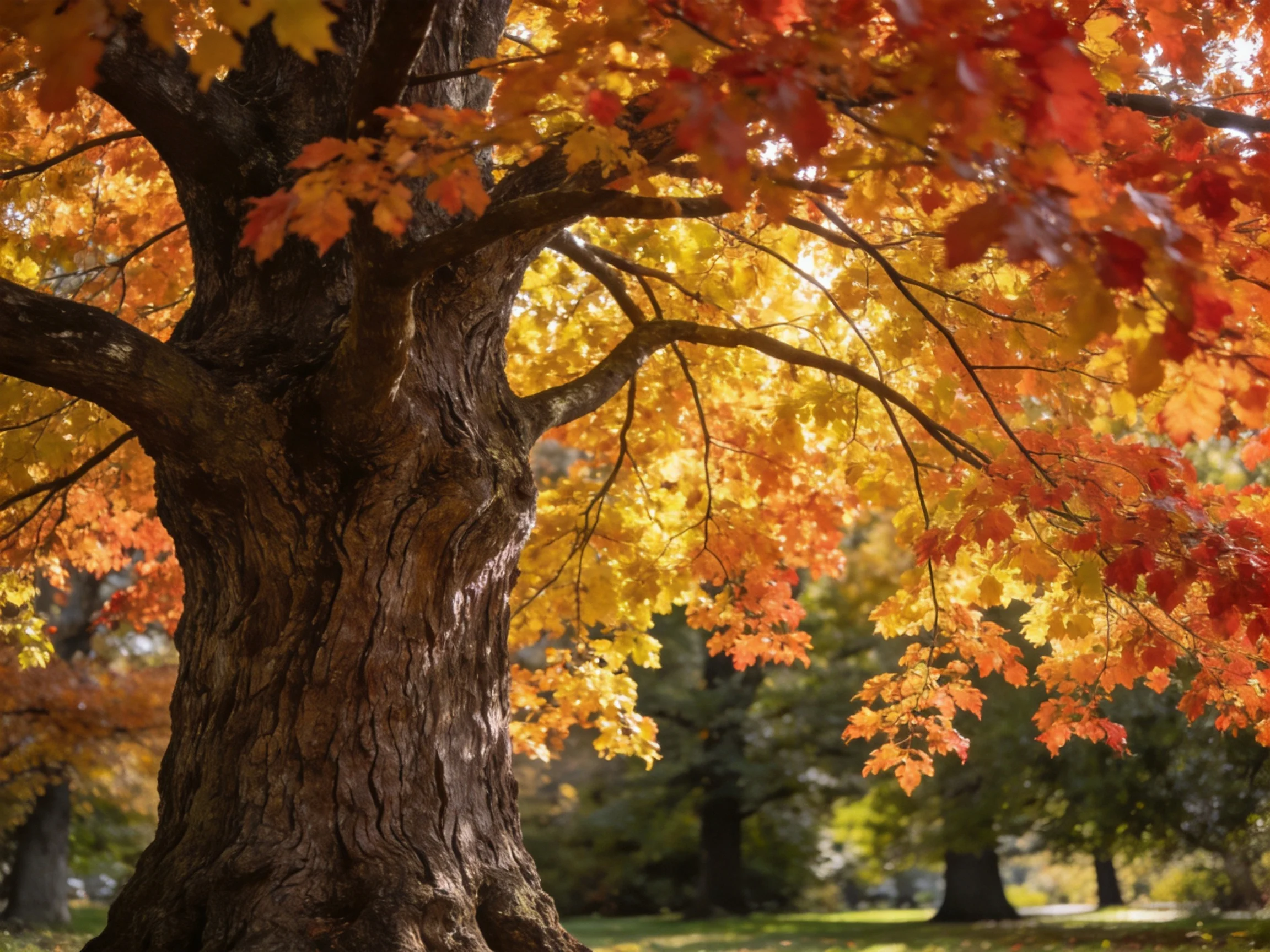 A large tree with vibrant autumn leaves in golden, orange, and crimson hues