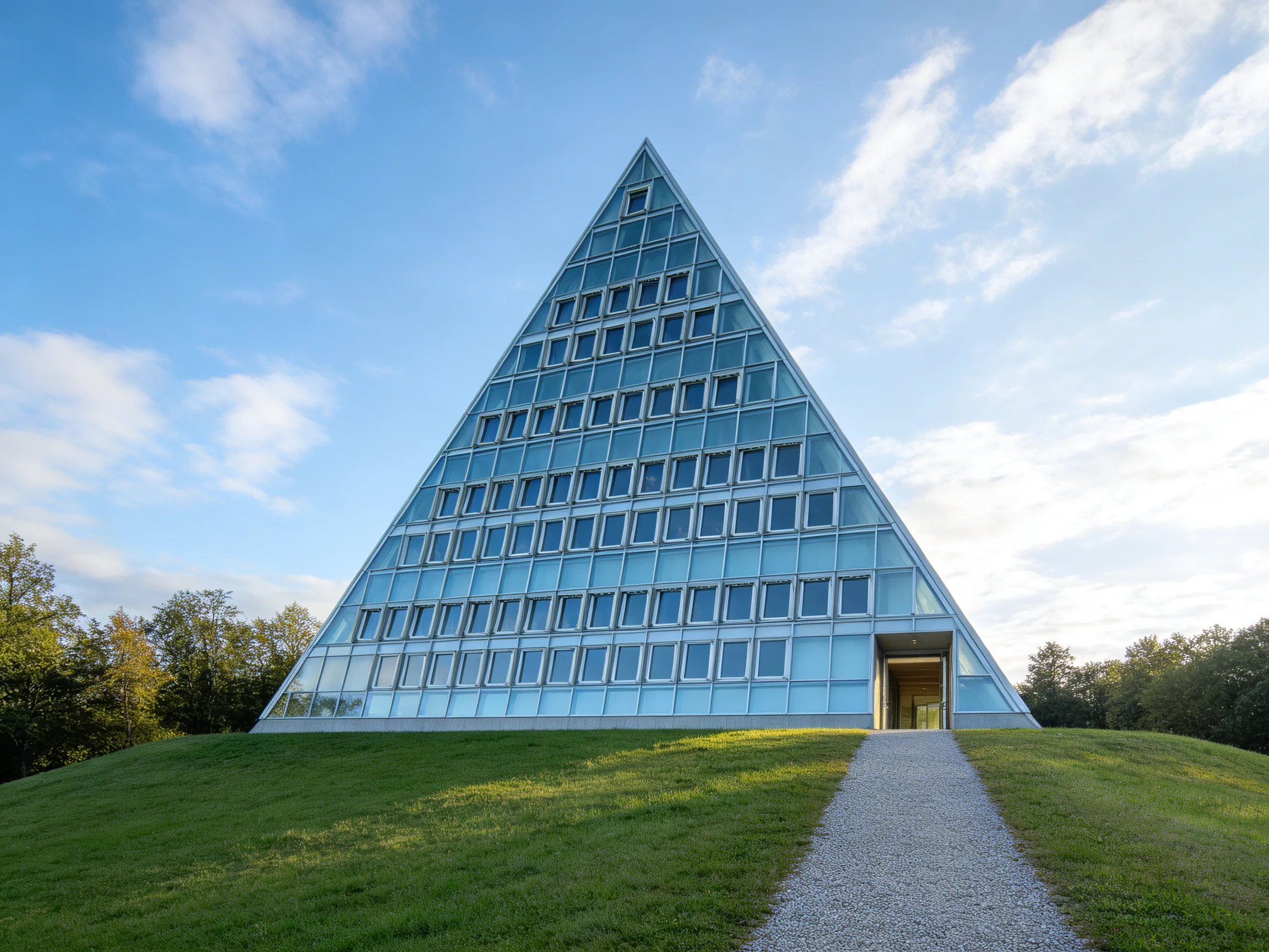 A large triangular glass building on a grassy hill