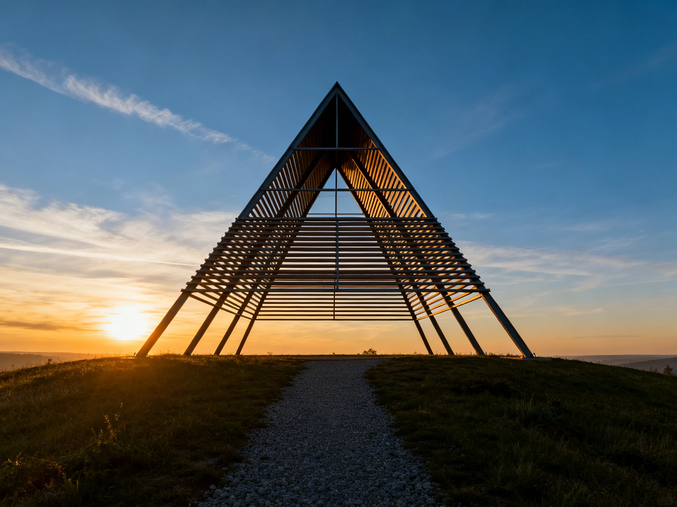 A large triangular metal structure against a sunset sky