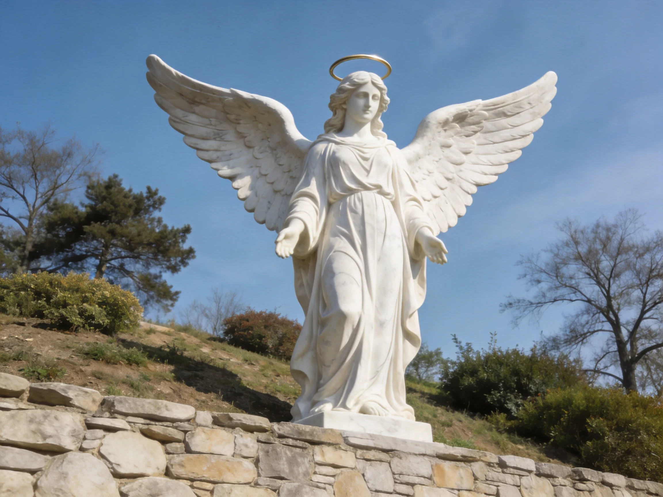 A large white angel statue with outstretched wings atop a stone structure