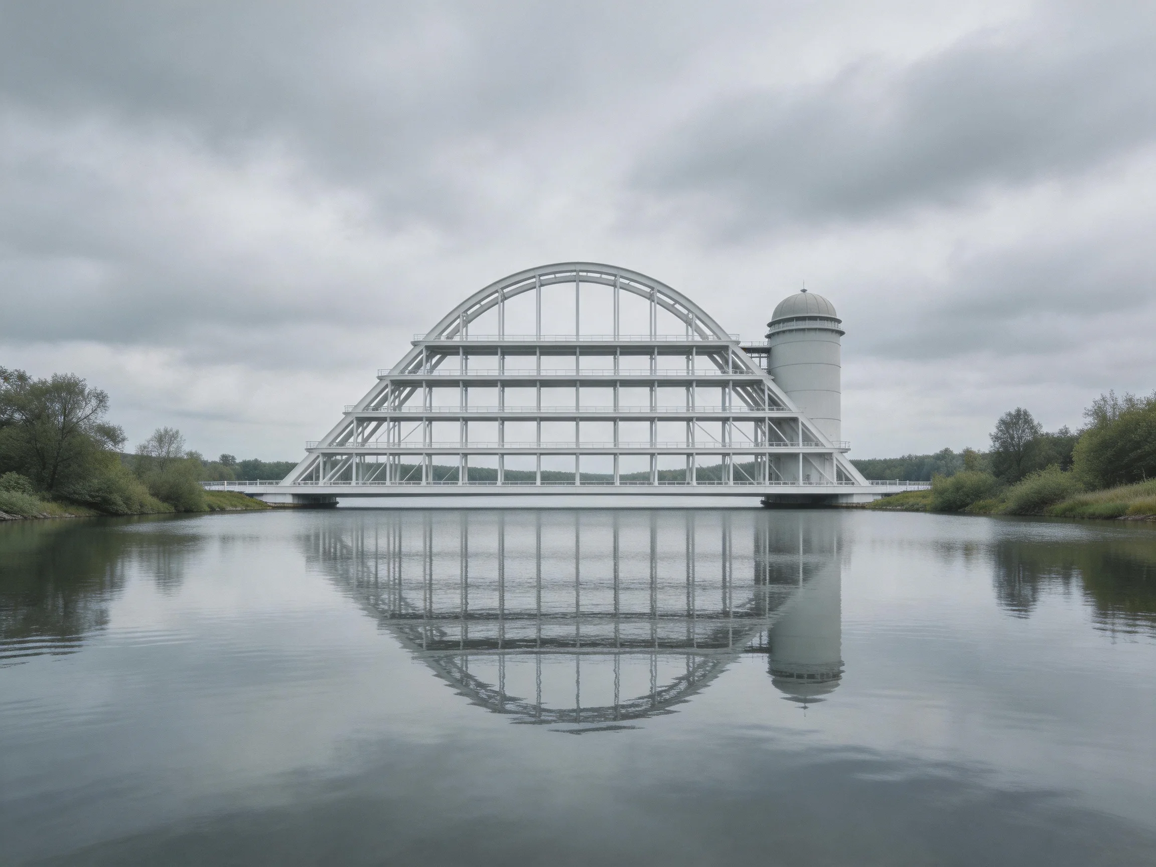 A large white arched bridge spans calm water beside a cylindrical tower