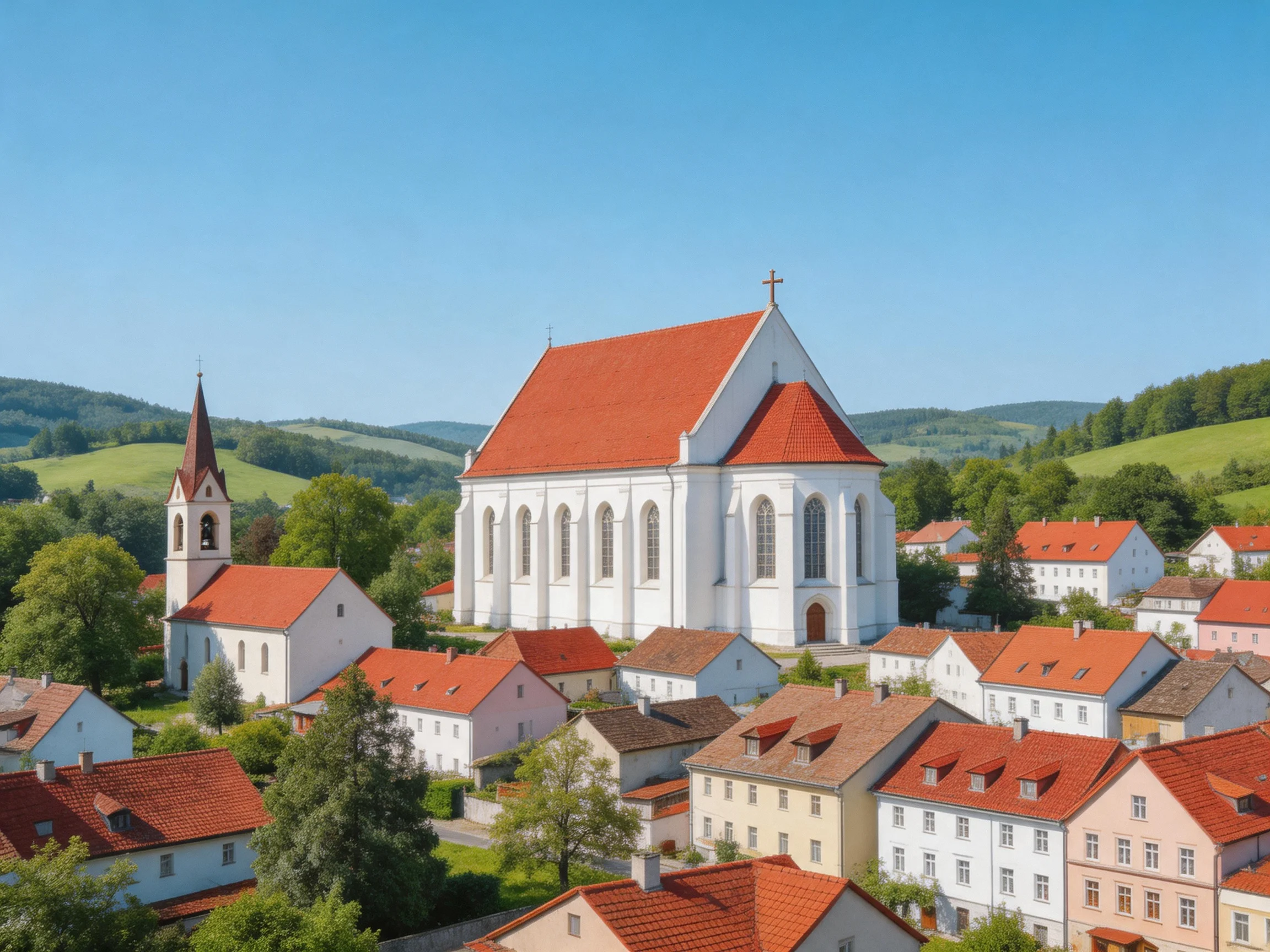 A large white church with red roof amid small houses near green hills