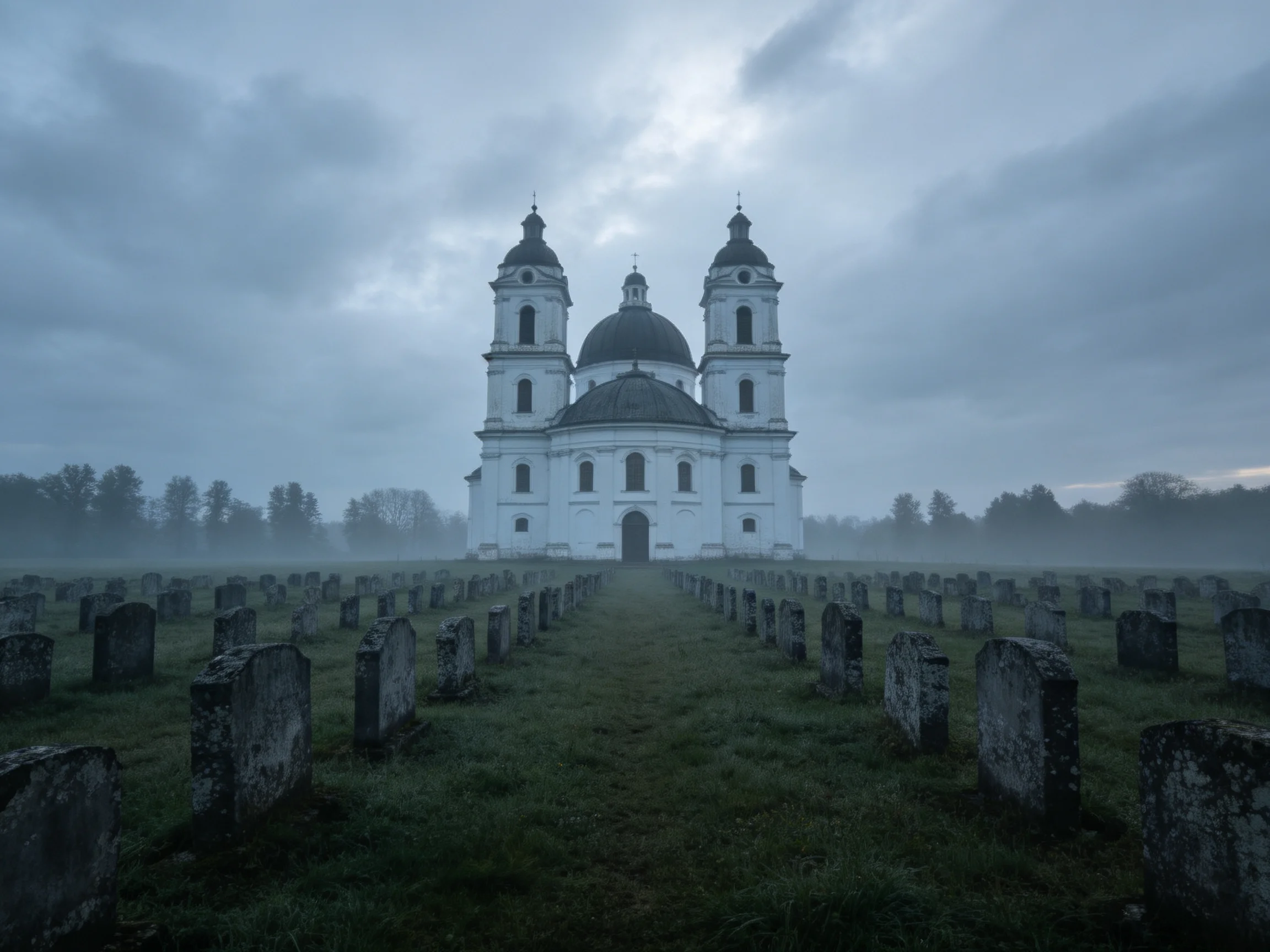 A large white church with three towers near numerous old tombstones in a misty field