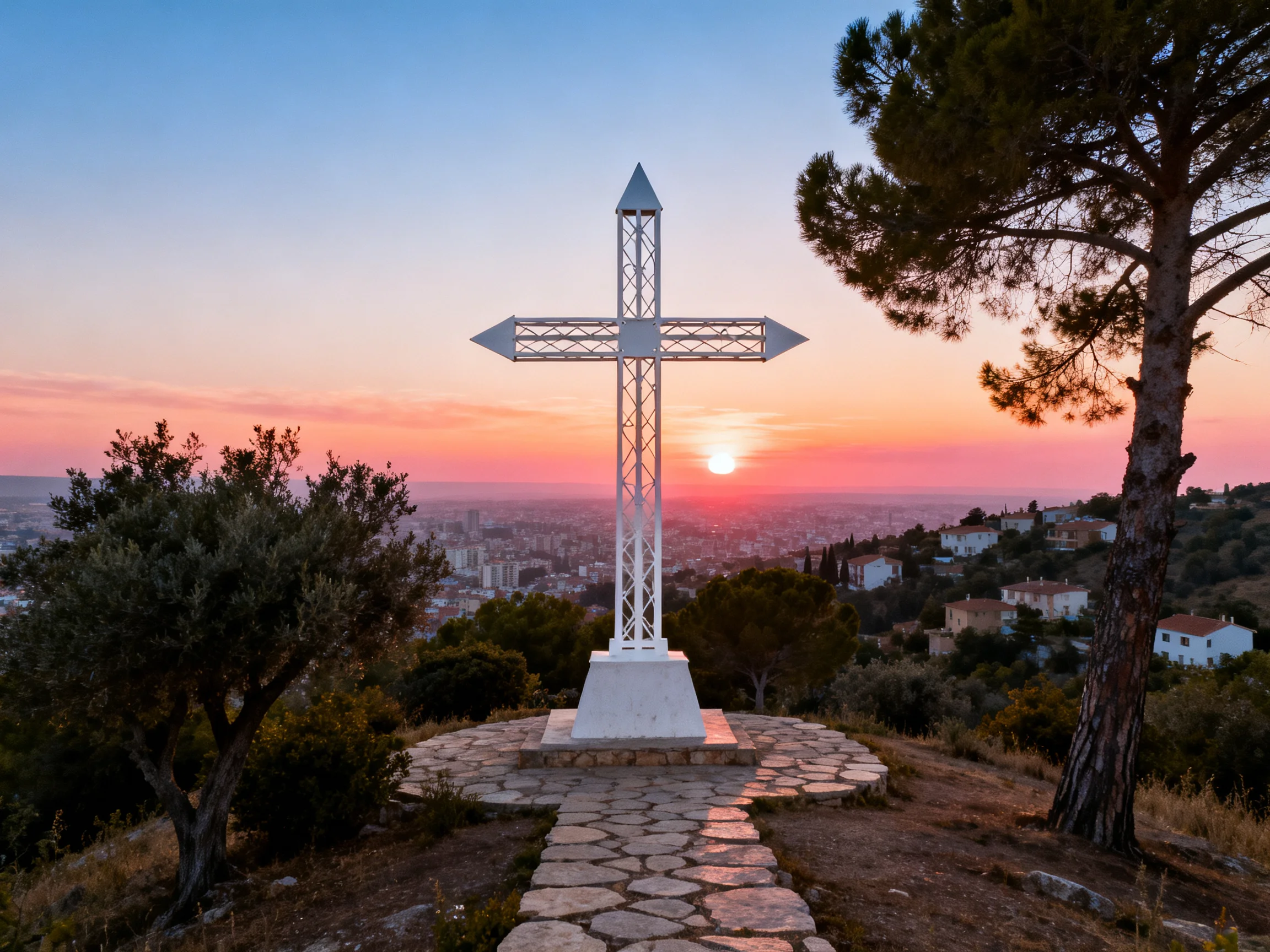 A large white cross atop a hill during vibrant sunset over a cityscape