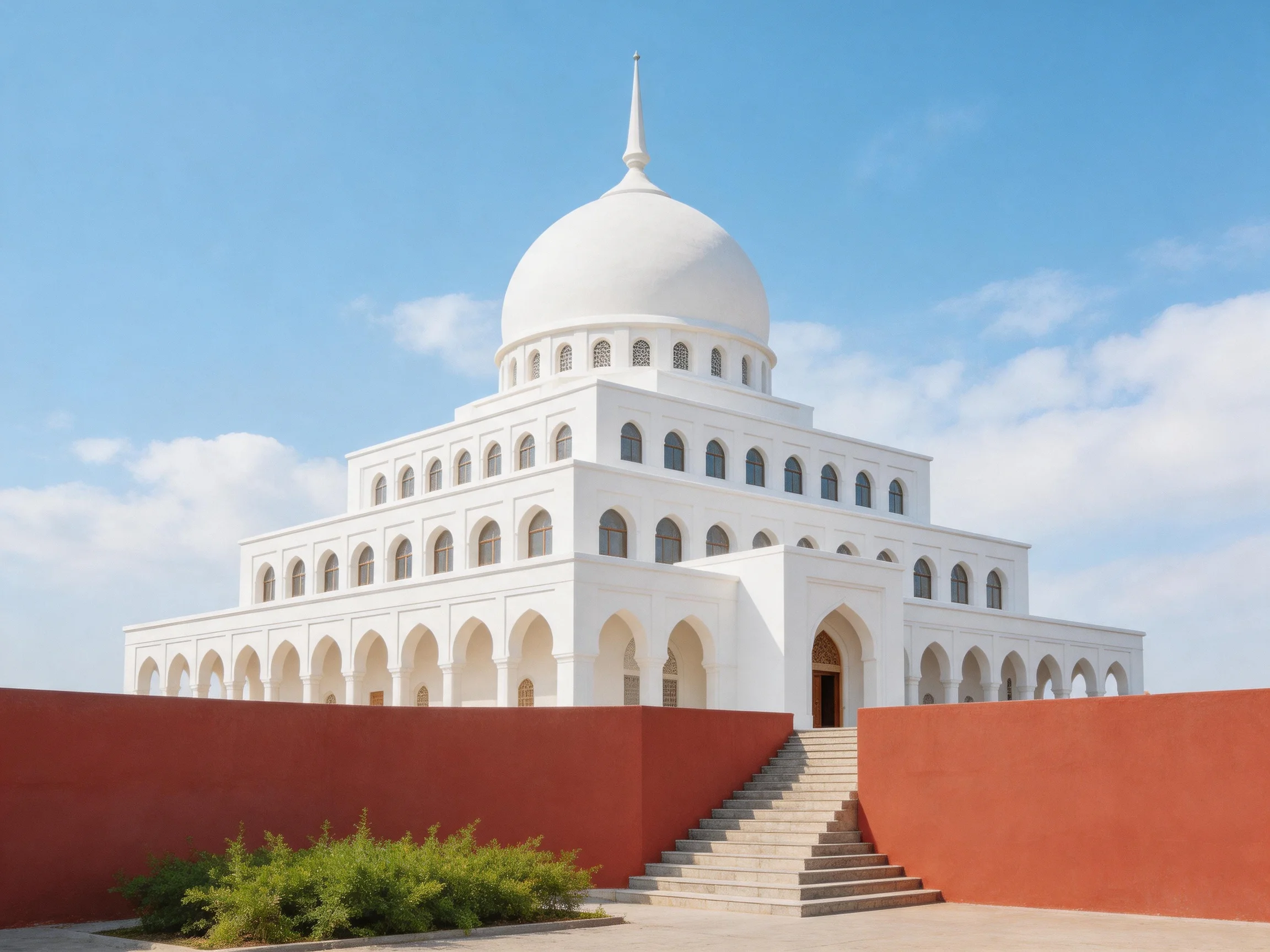 A large white domed mosque with red walls and arched windows