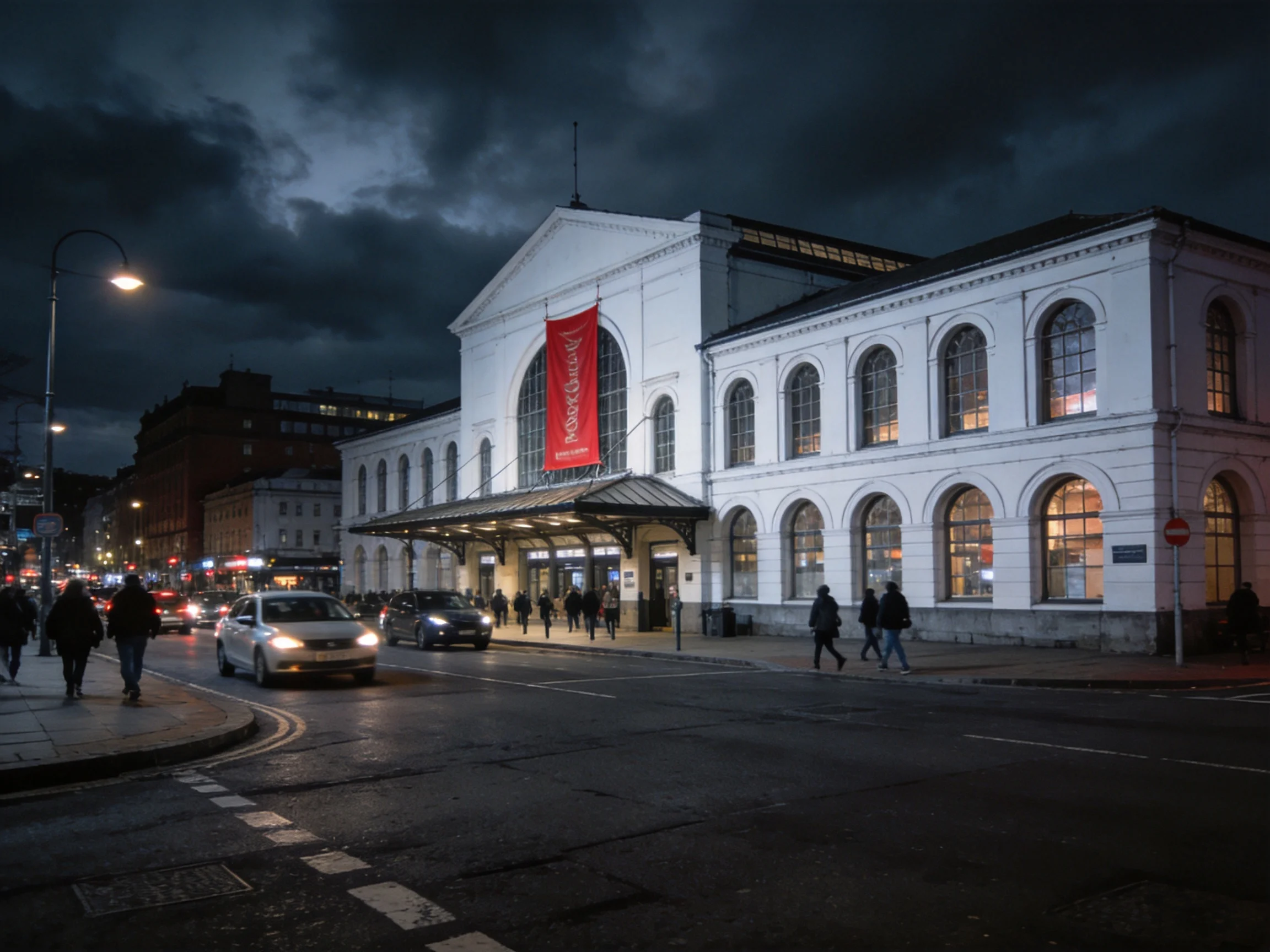 A large white historic building with a red banner under stormy night skies