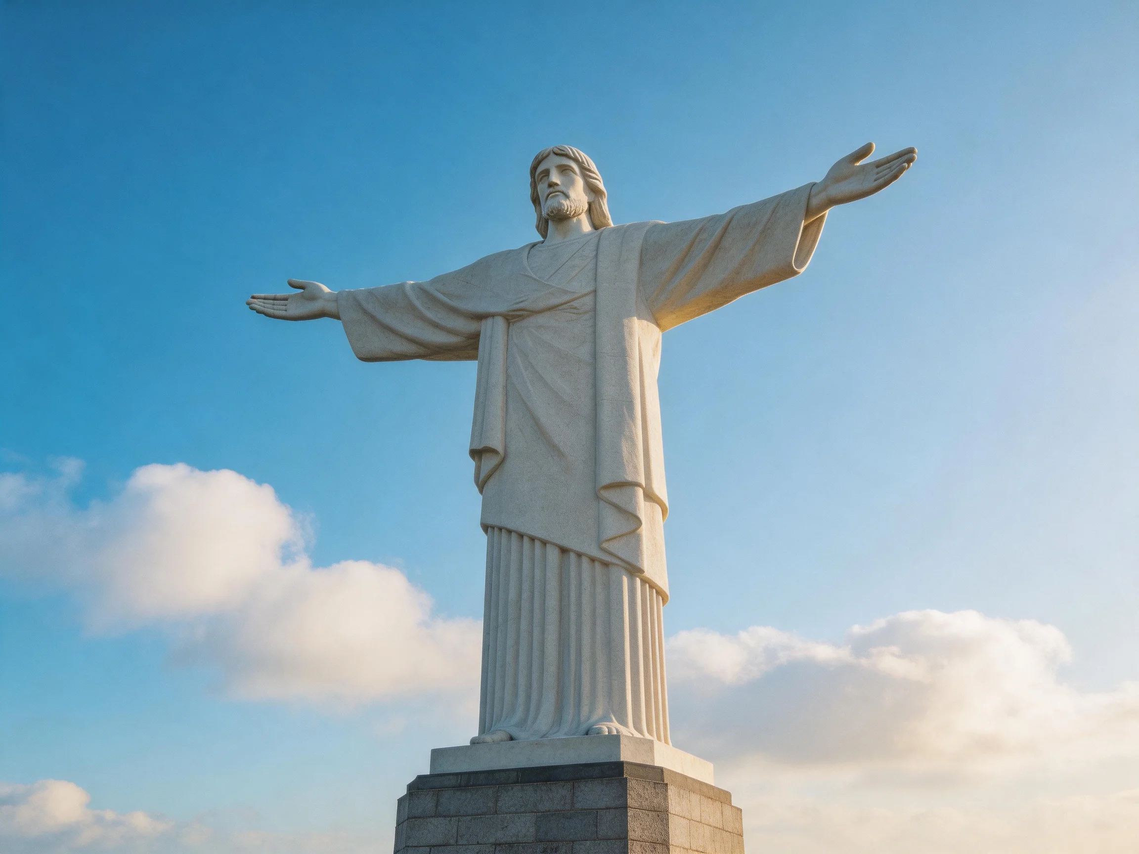 A large white stone statue of Jesus with outstretched arms under bright blue sky