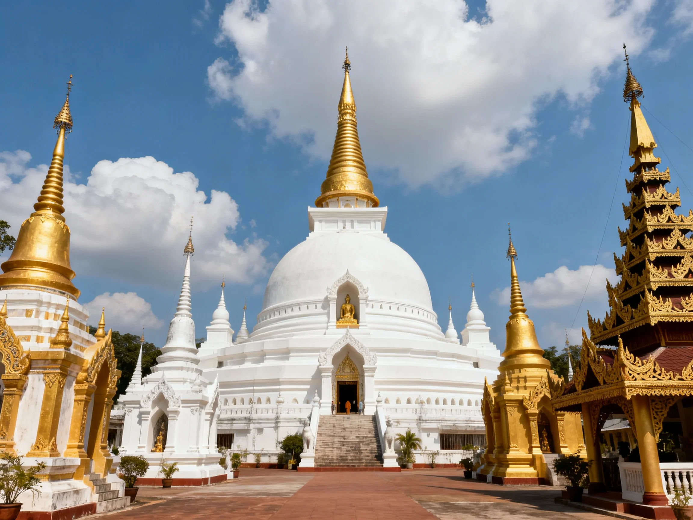 A large white temple with golden spires and smaller shrines