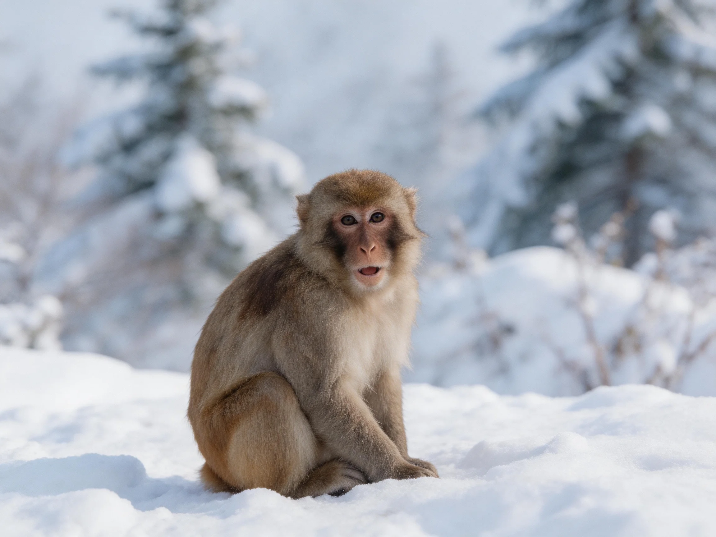 A light brown monkey sits on thick snow near snow-covered evergreens