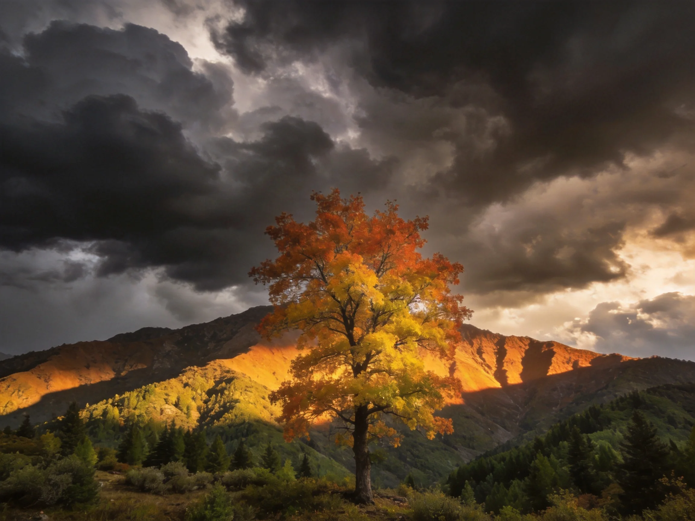 A lone autumn tree with vibrant orange-yellow foliage beside golden mountains under stormy skies