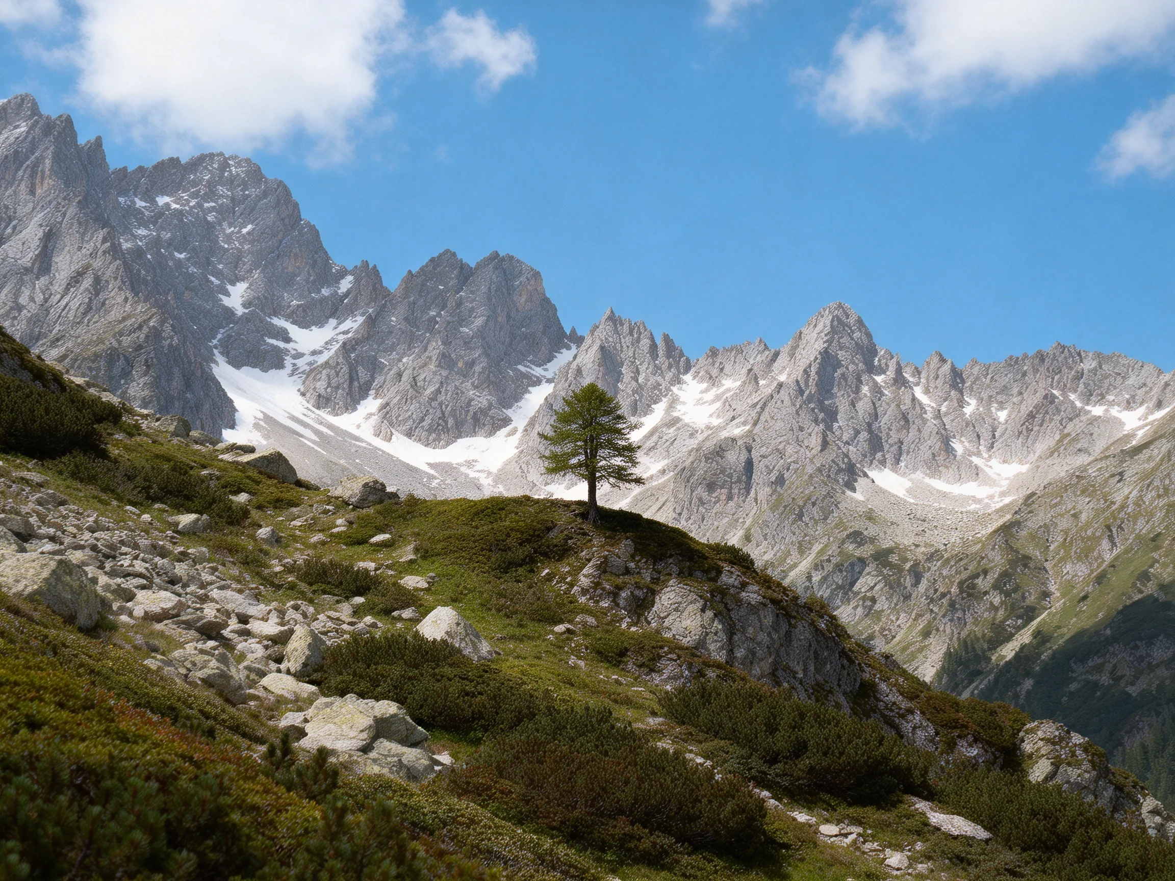 A lone tree amidst rocky terrain with snow-capped mountain peaks