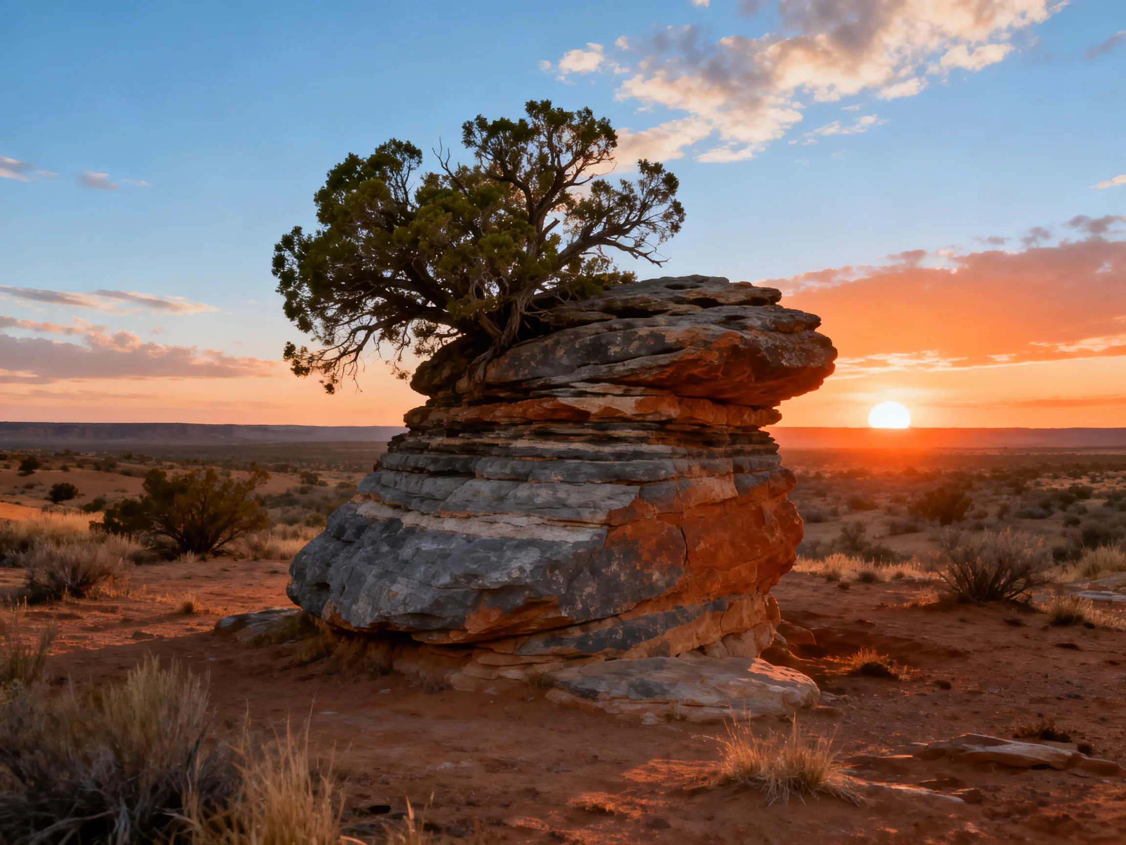 A lone tree atop layered rock formation in desert sunset