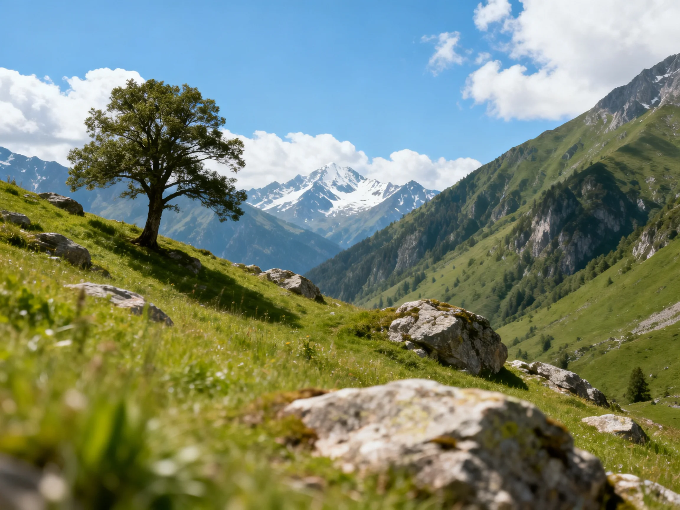 A lone tree in a verdant valley with snow-capped mountains
