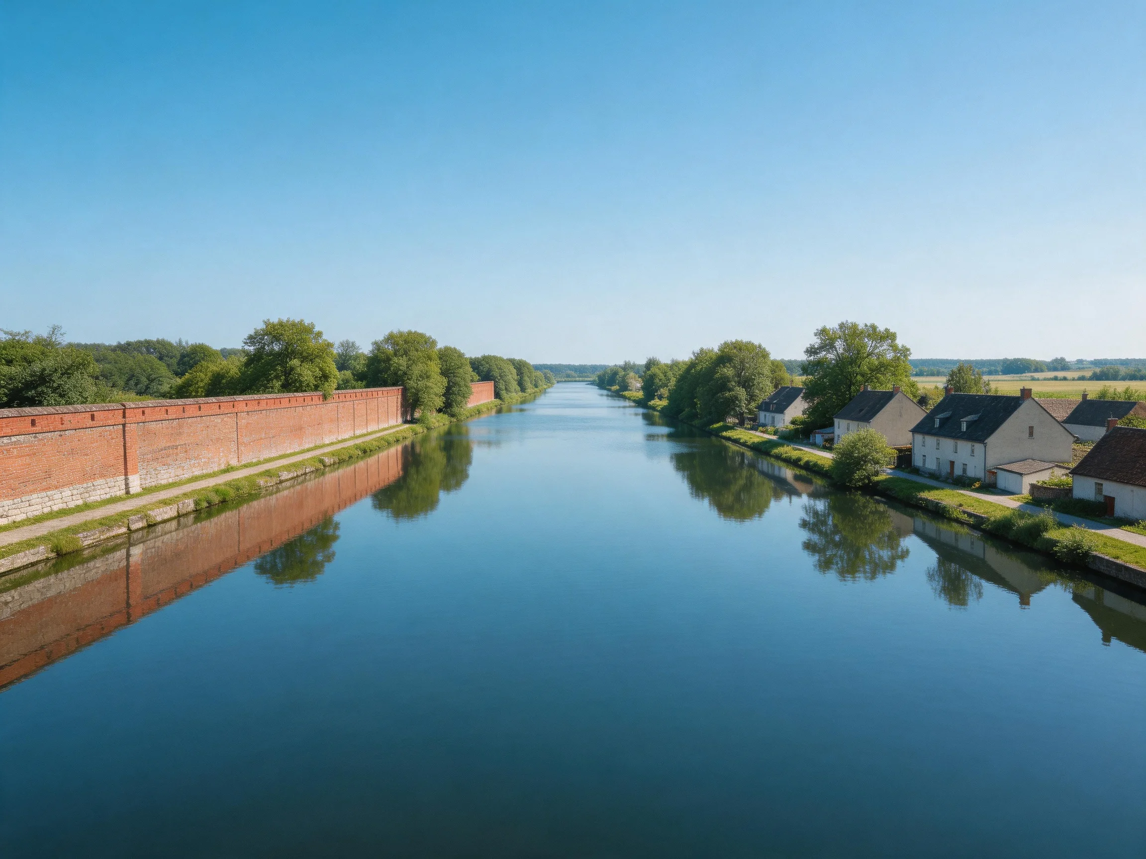 A long canal bordered by a red brick wall and residential homes