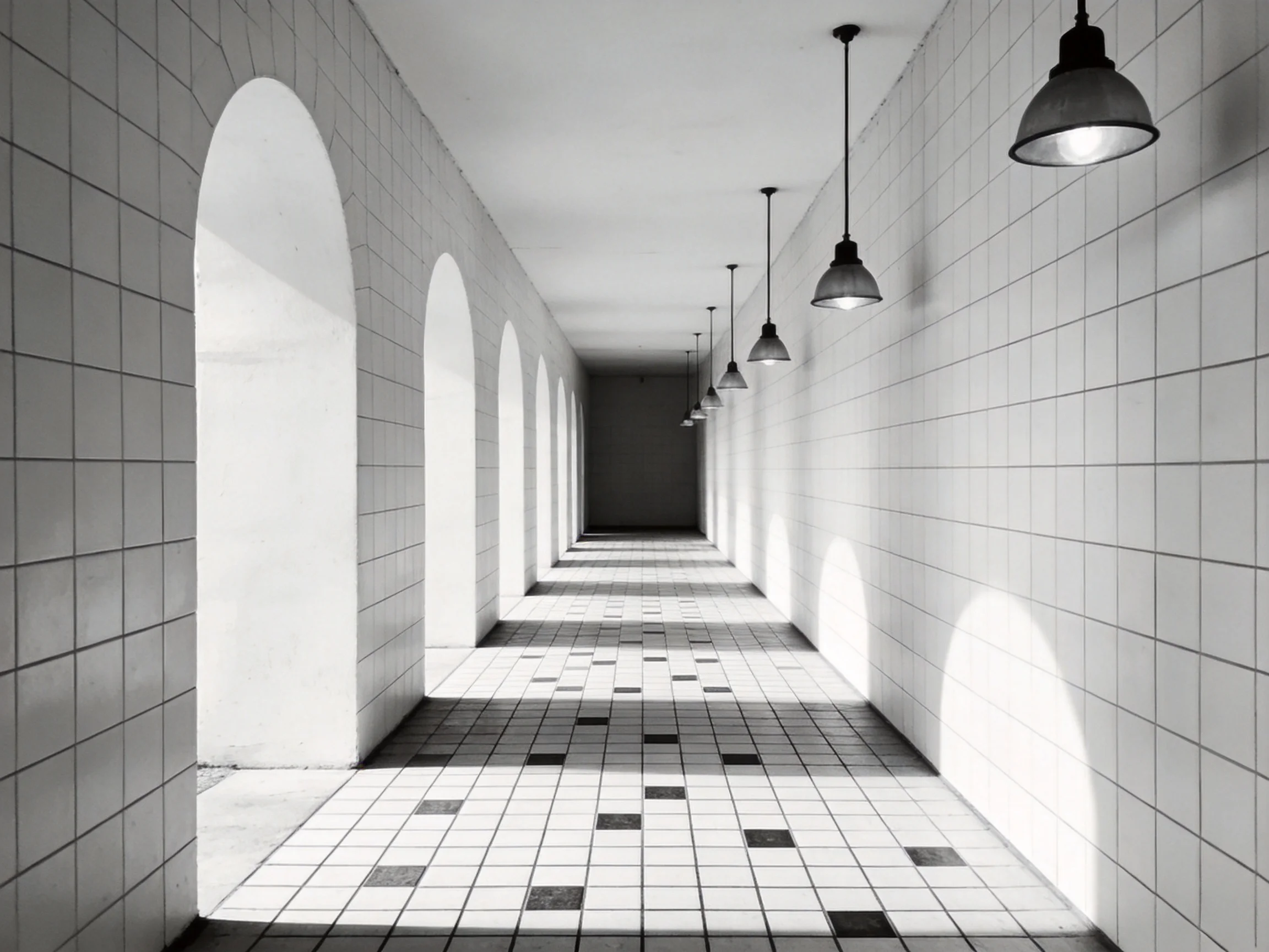 A long corridor with arched openings, tiled walls, and hanging pendant lamps