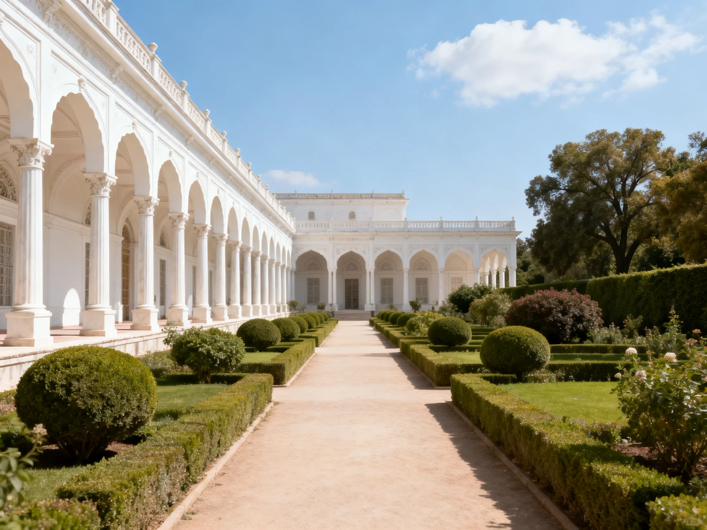 A long white colonnaded building beside manicured gardens