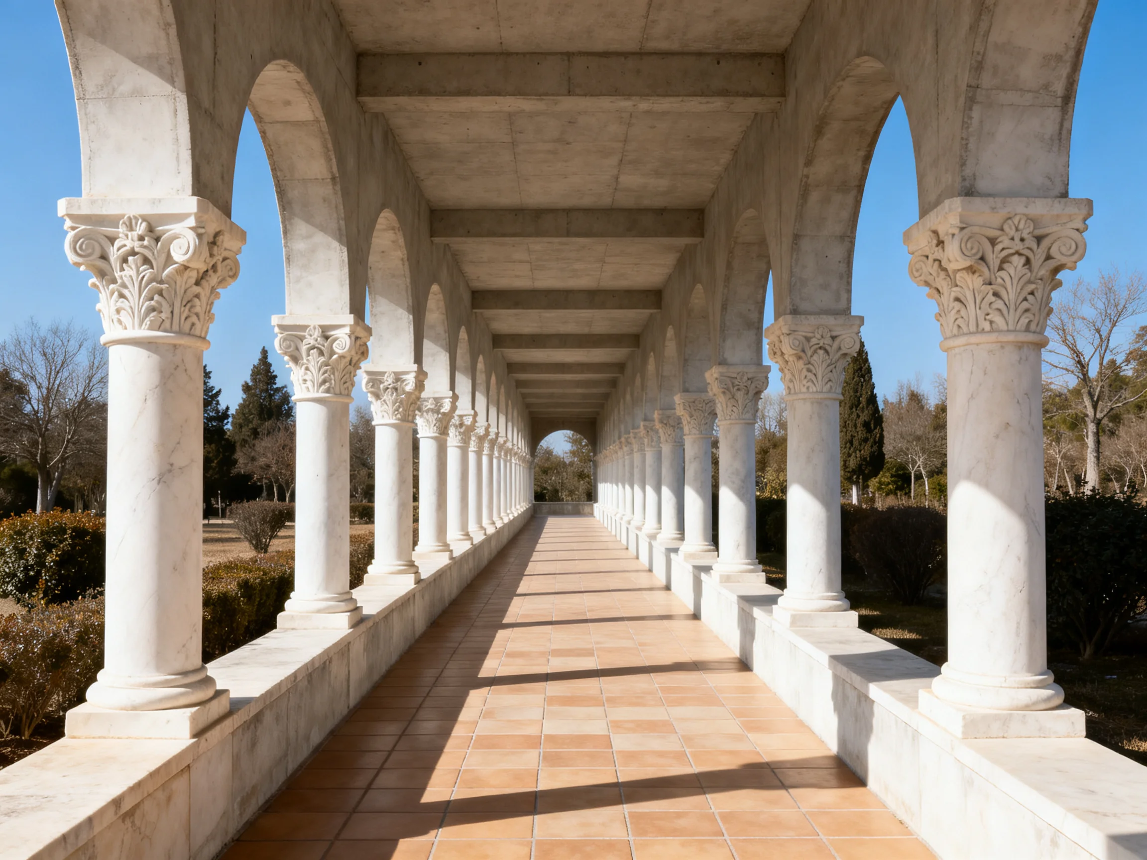 A long white marble colonnade with ornate columns and terracotta tiles