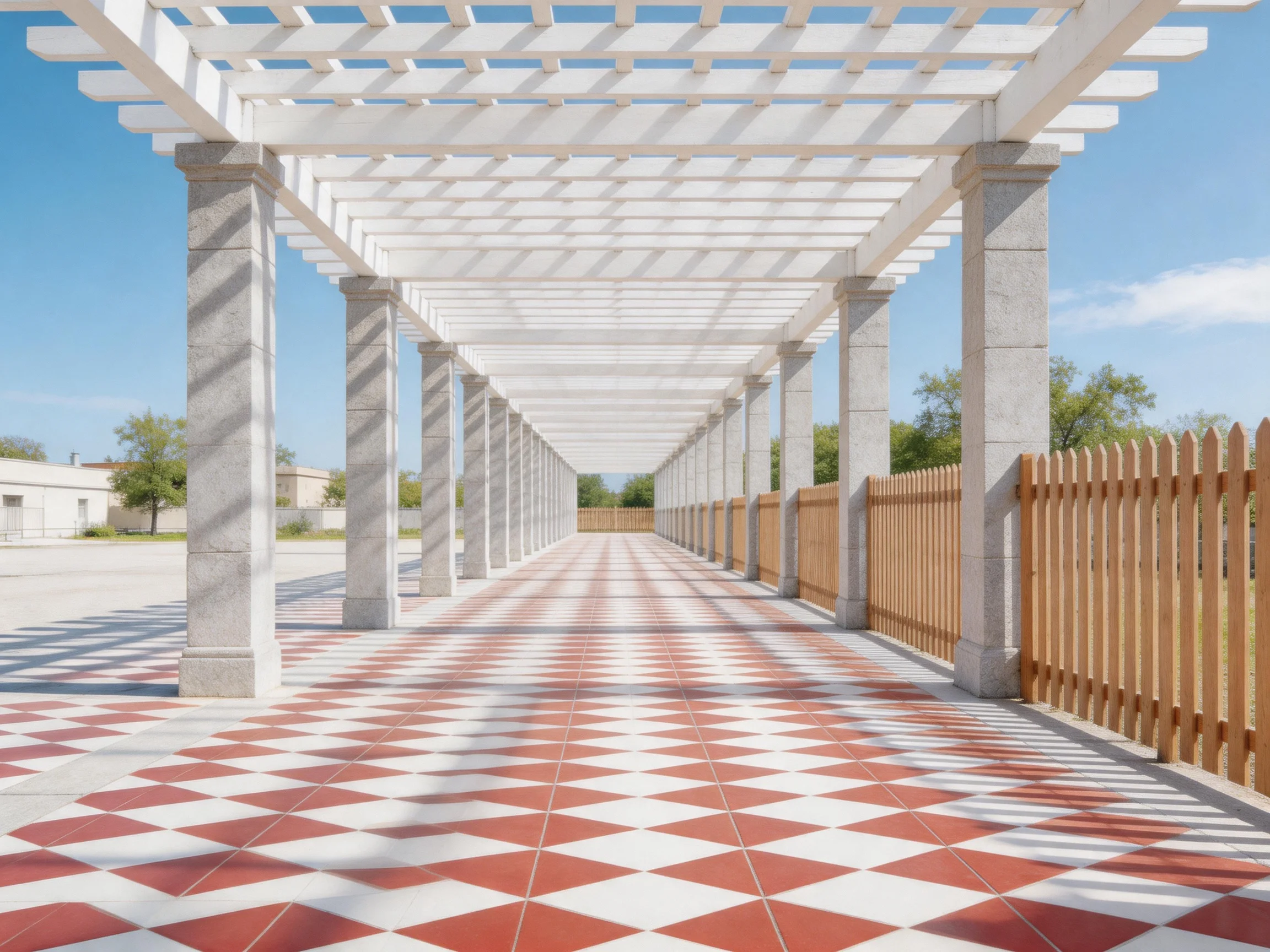 A long white pergola with stone columns over red - and - white tiles