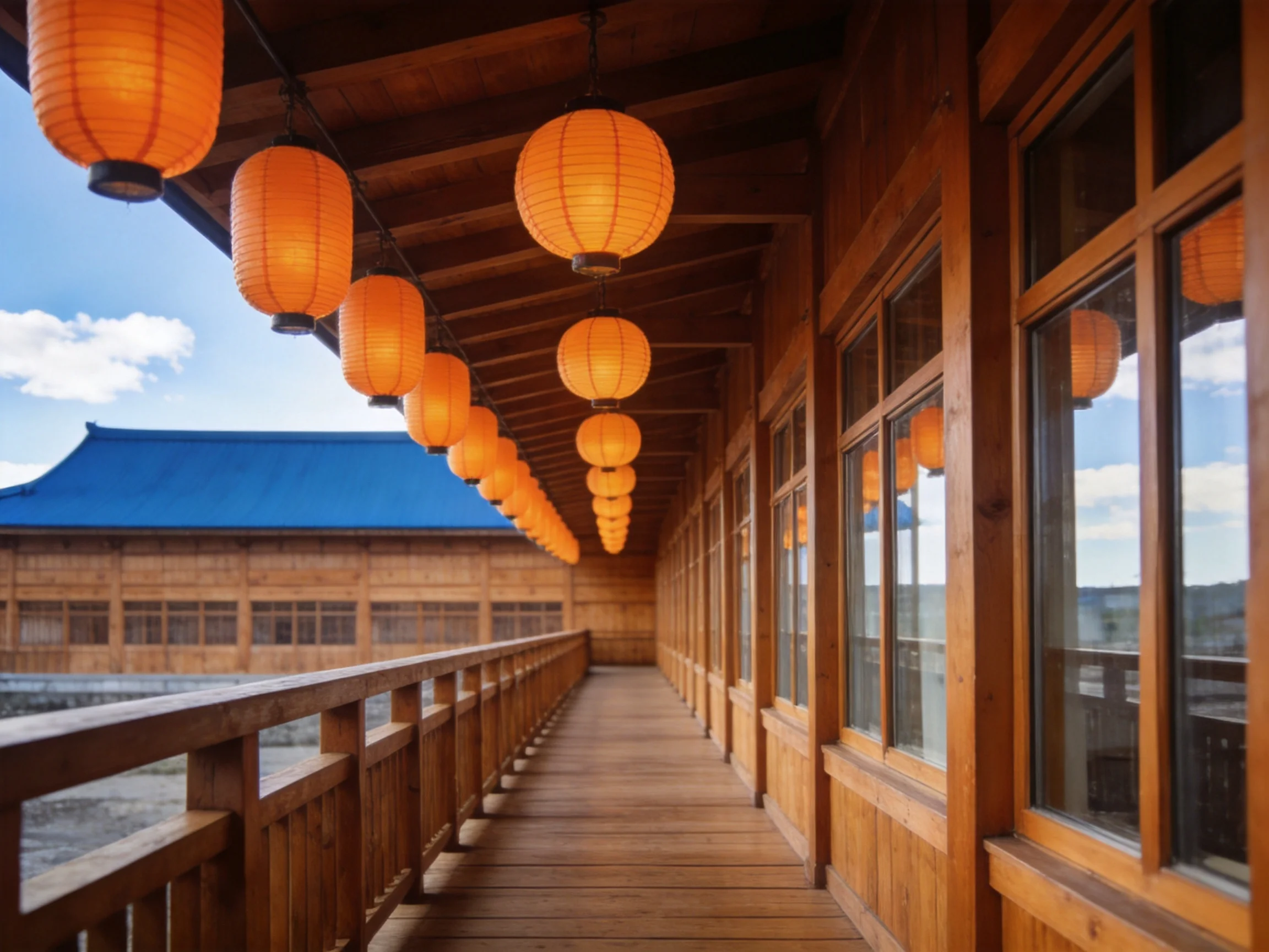 A long wooden corridor lined with orange paper lanterns near a blue-roofed structure