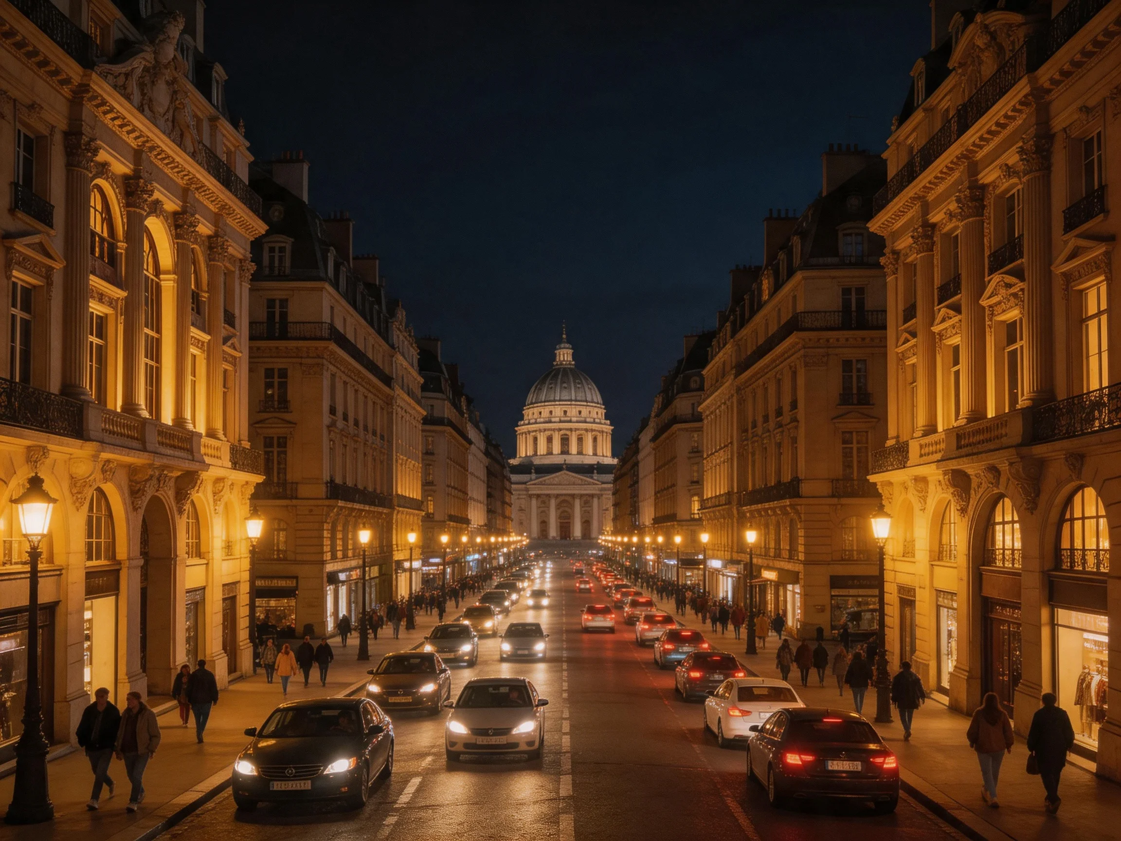 A luminous Parisian street with historic architecture and central dome