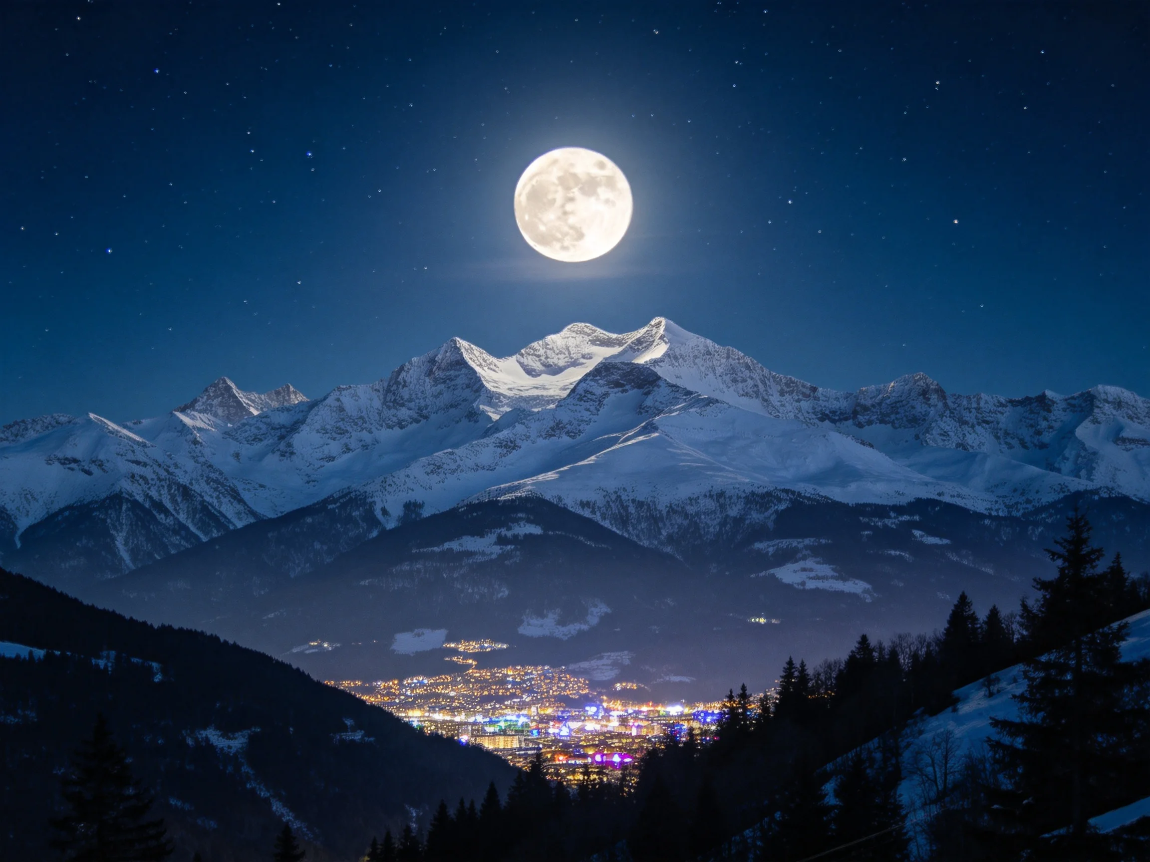 A luminous full moon over snow-capped mountain peaks with a glowing town below