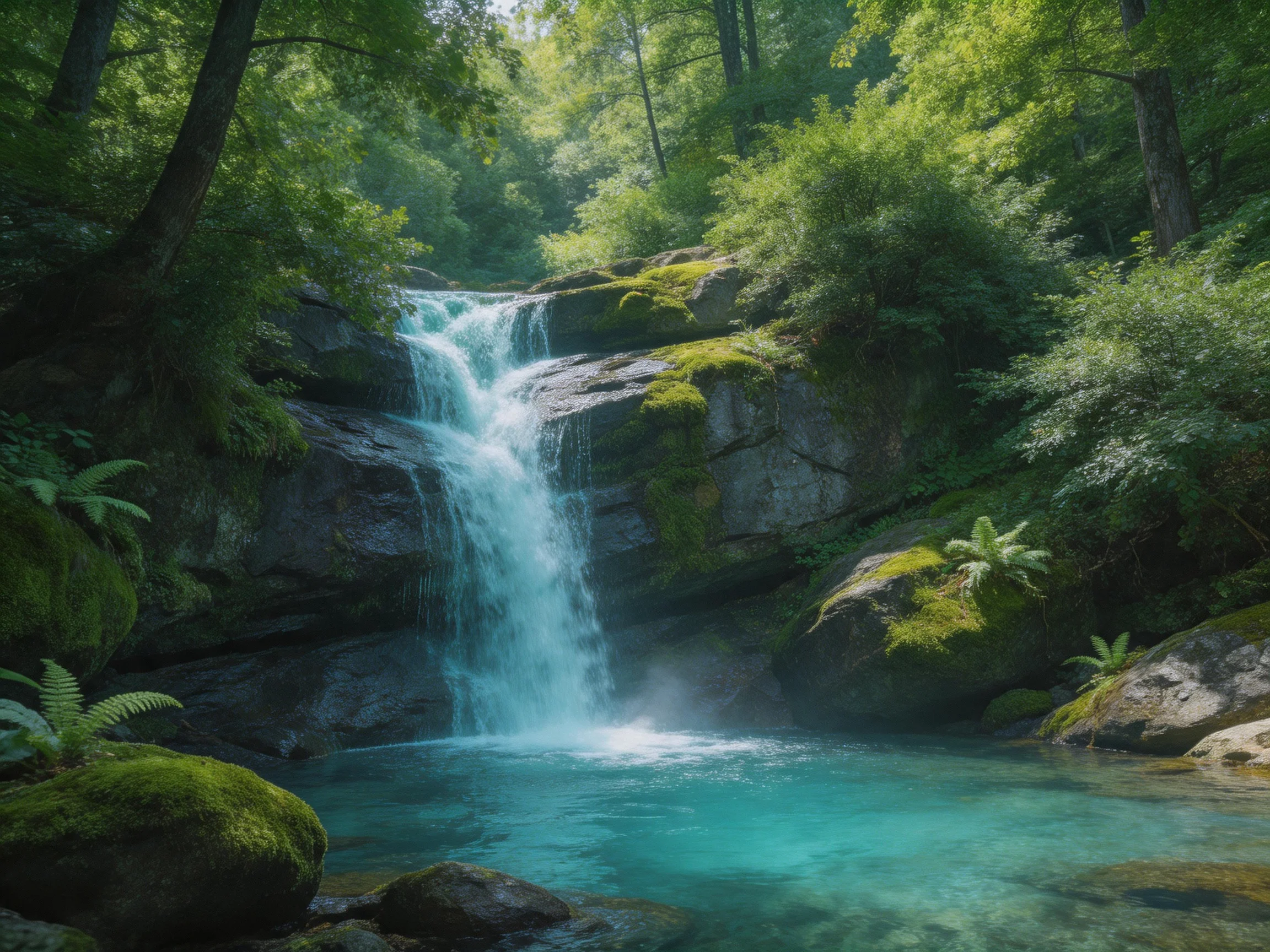 A lush forest waterfall with moss-covered rocks and turquoise pool