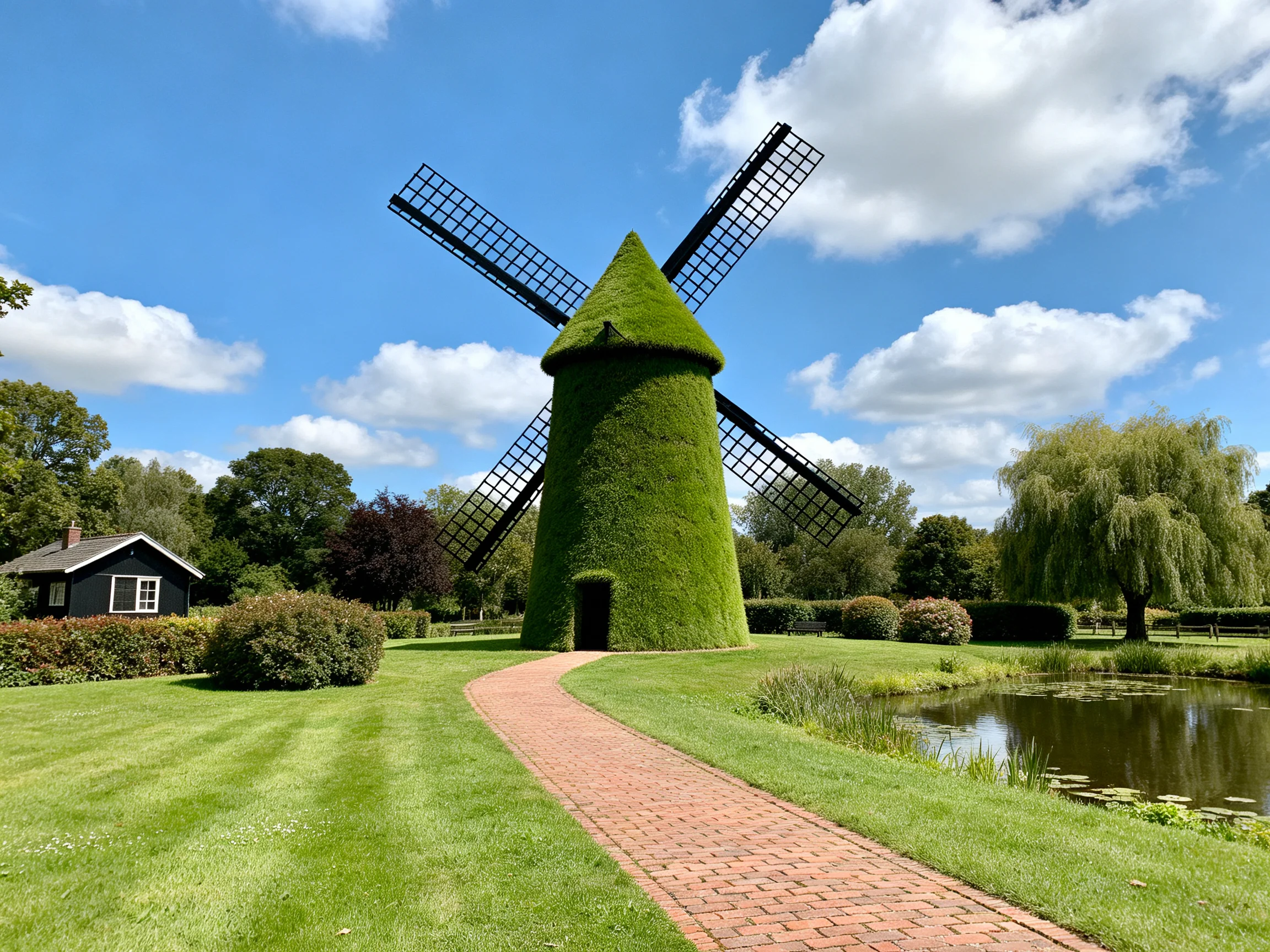 A lush green topiary windmill near a pond with a brick path