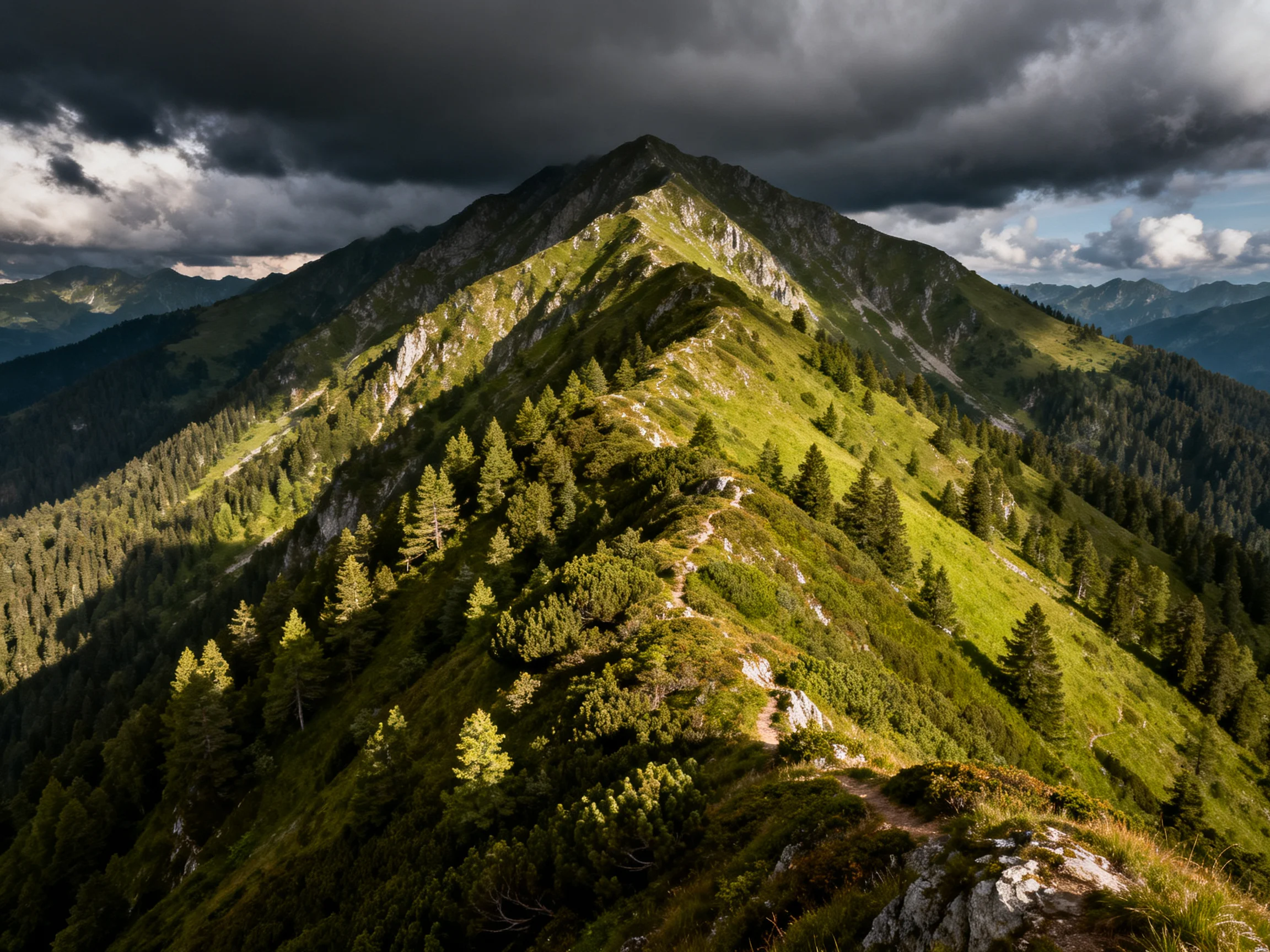 A lush mountain ridge with dense forests under stormy skies